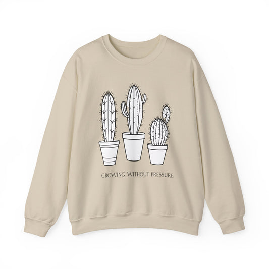 Crewneck Sweatshirt — Growing Without Pressure Cactus Graphic, Minimal Plant Lover Pullover