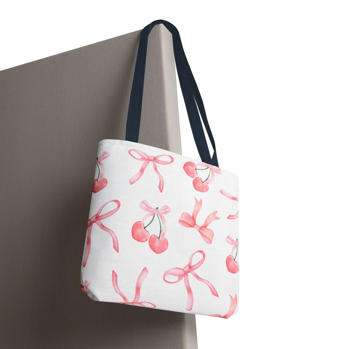Pink Cherry Bow Tote Bag — Cute Watercolor Cherry Pattern