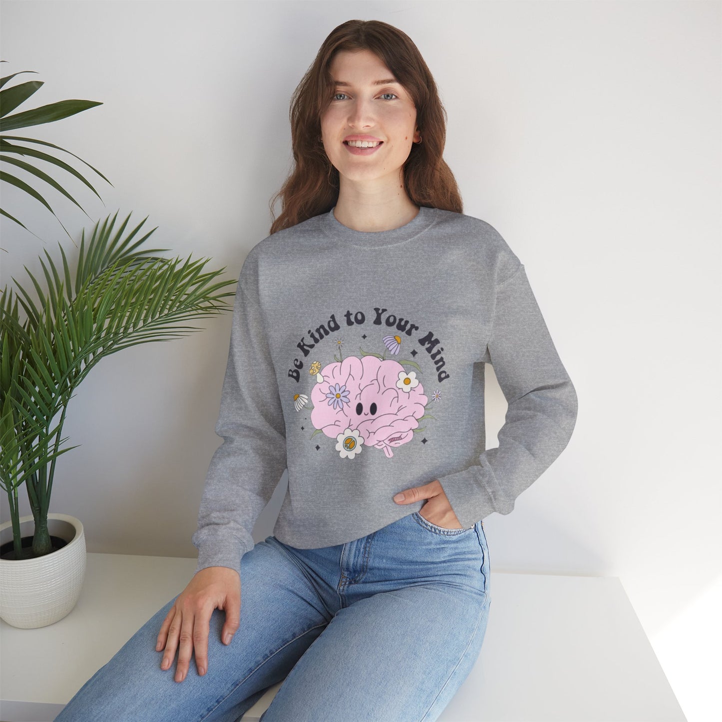 Sudadera con estampado floral "Kind to Your Mind" — Cuello redondo para concienciar sobre la salud mental
