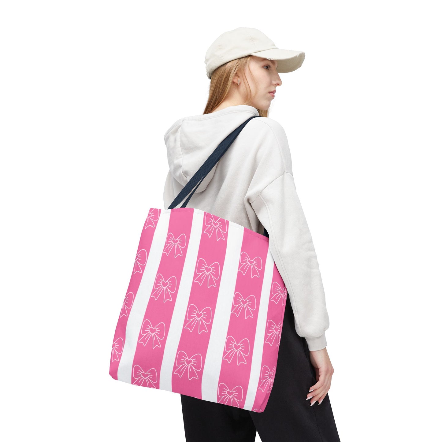 Pink Striped Bow Tote Bag — Cute Floral Bow Pattern All-Over Print Tote
