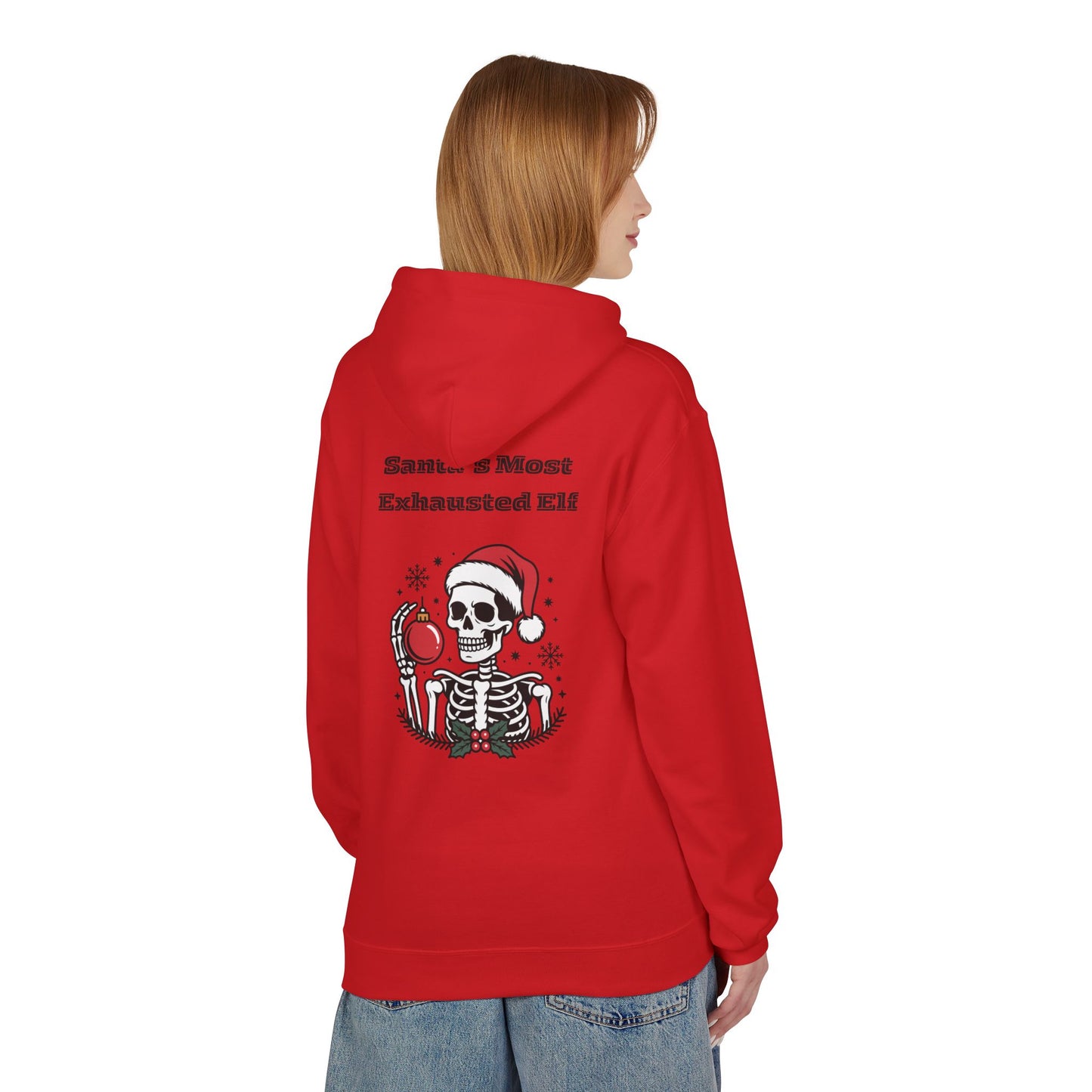 Weihnachtsmann-Hoodie mit erschöpftem Elfenmotiv – Lustiges Skelett-Weihnachts-Sweatshirt