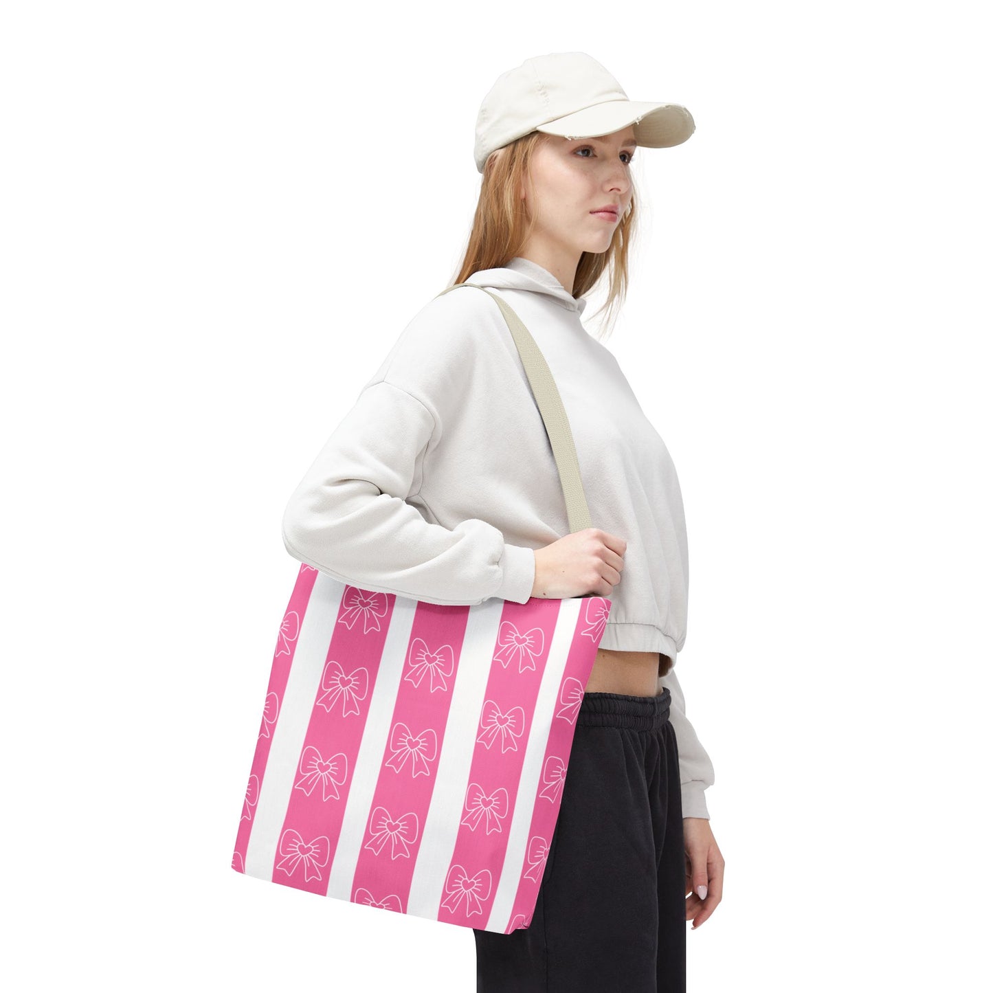 Pink Striped Bow Tote Bag — Cute Floral Bow Pattern All-Over Print Tote