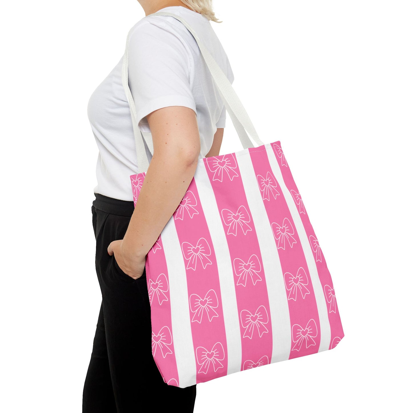 Pink Striped Bow Tote Bag — Cute Floral Bow Pattern All-Over Print Tote