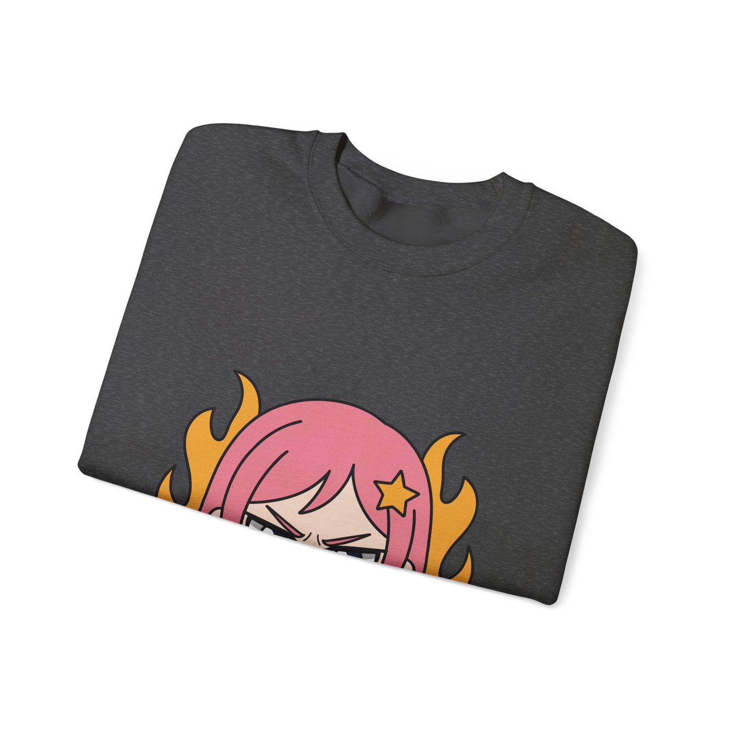 Sudadera de chica chibi enojada: adorable sudadera de cuello redondo con dibujos animados de anime y cabello flameante.