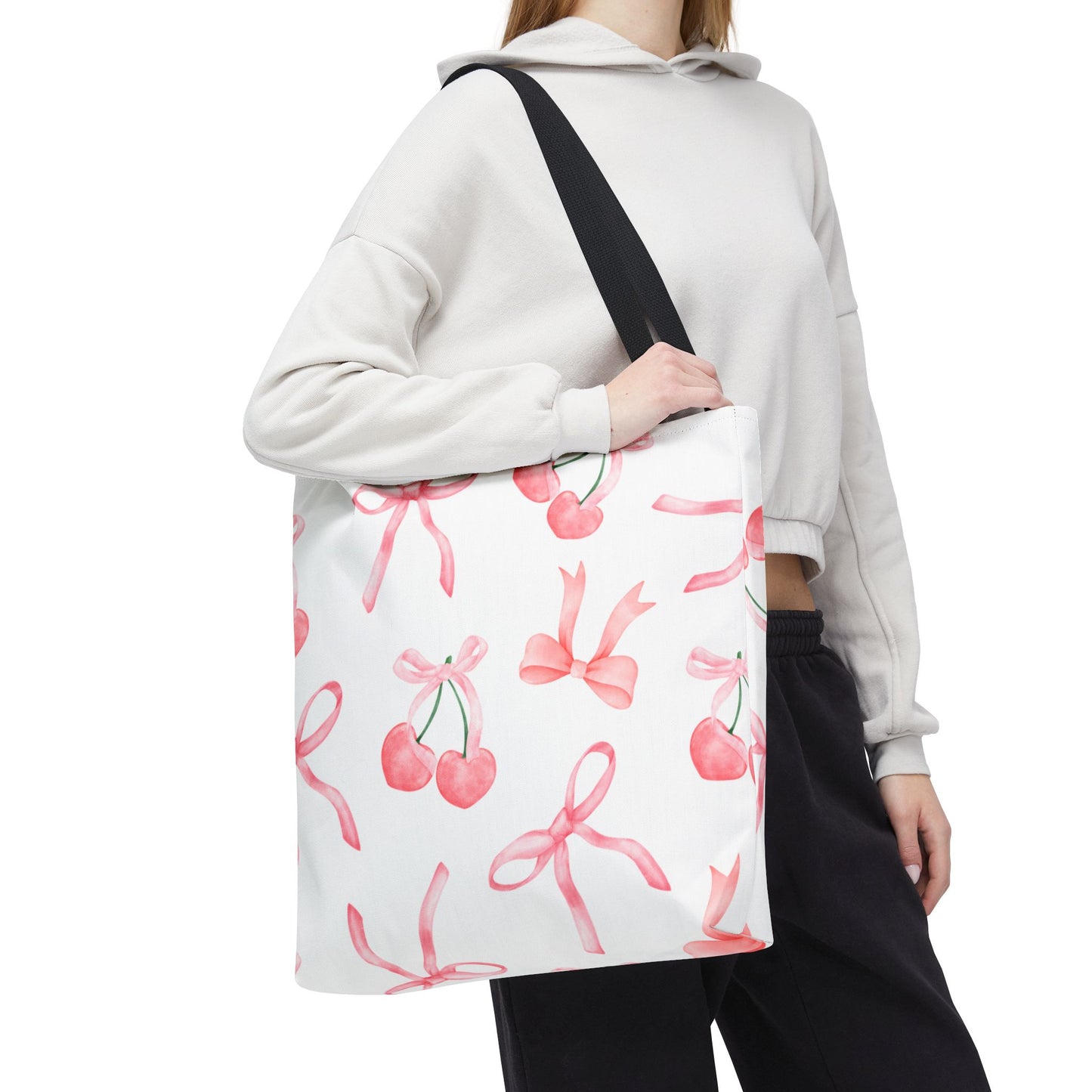 Pink Cherry Bow Tote Bag — Cute Watercolor Cherry Pattern