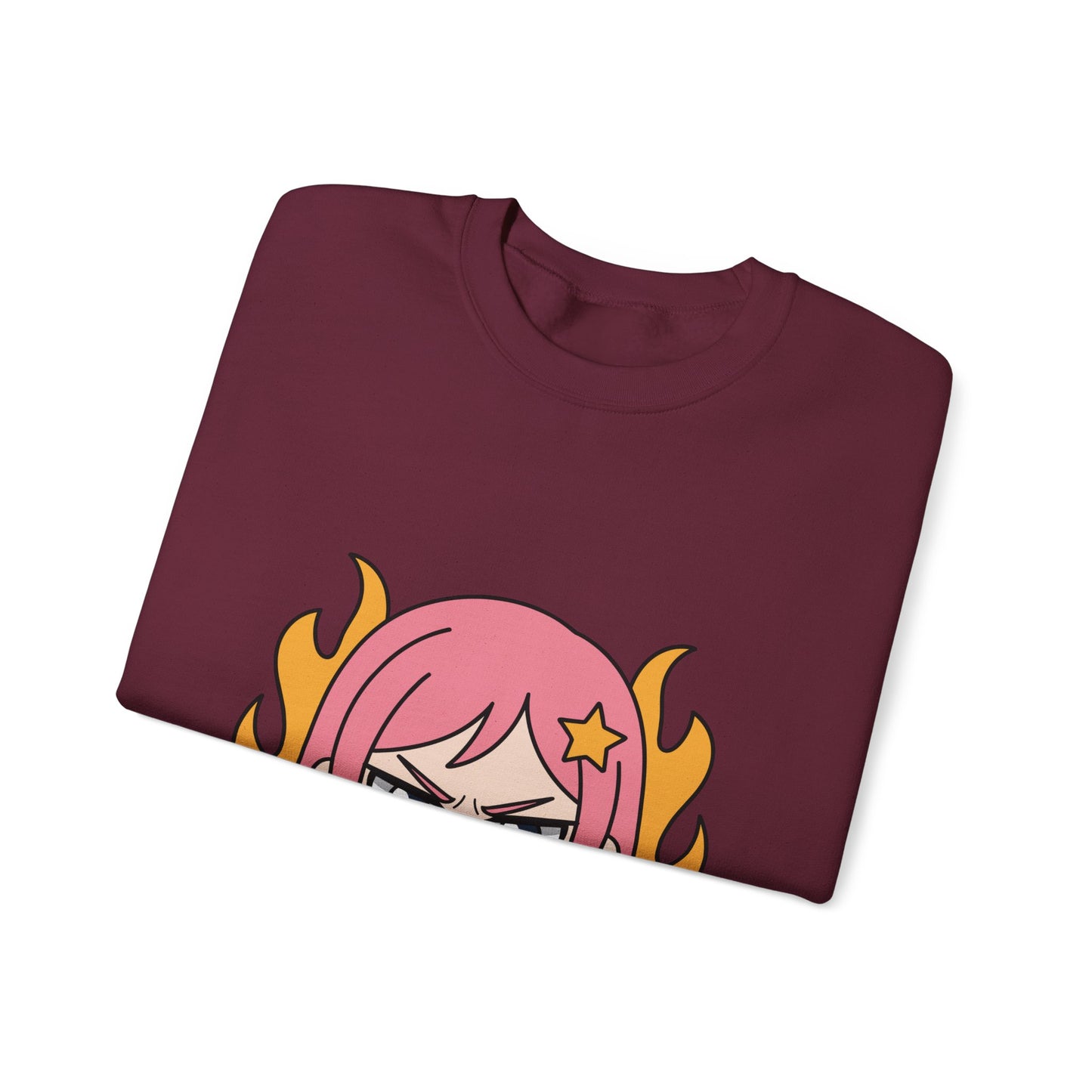 Sudadera de chica chibi enojada: adorable sudadera de cuello redondo con dibujos animados de anime y cabello flameante.