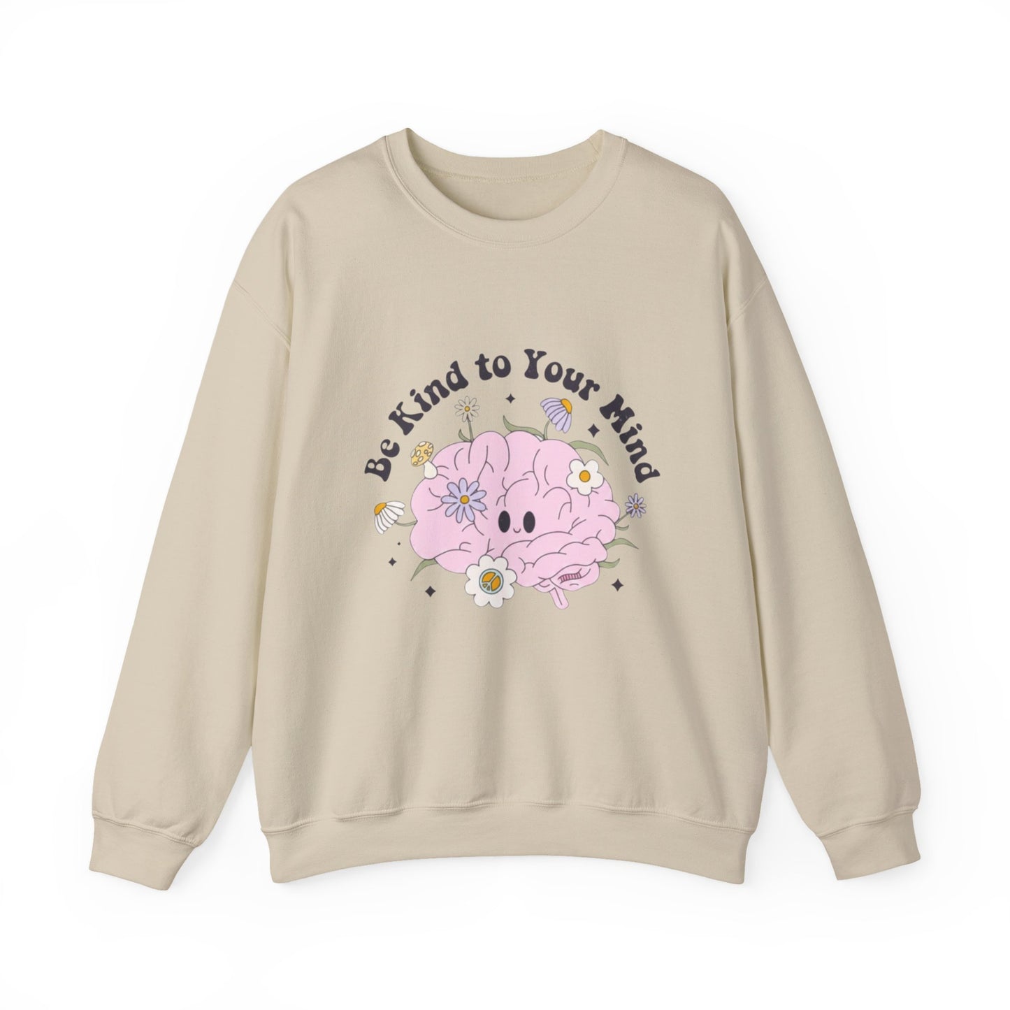 Sudadera con estampado floral "Kind to Your Mind" — Cuello redondo para concienciar sobre la salud mental