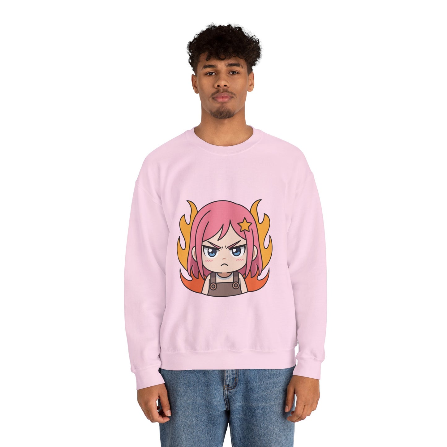 Sudadera de chica chibi enojada: adorable sudadera de cuello redondo con dibujos animados de anime y cabello flameante.