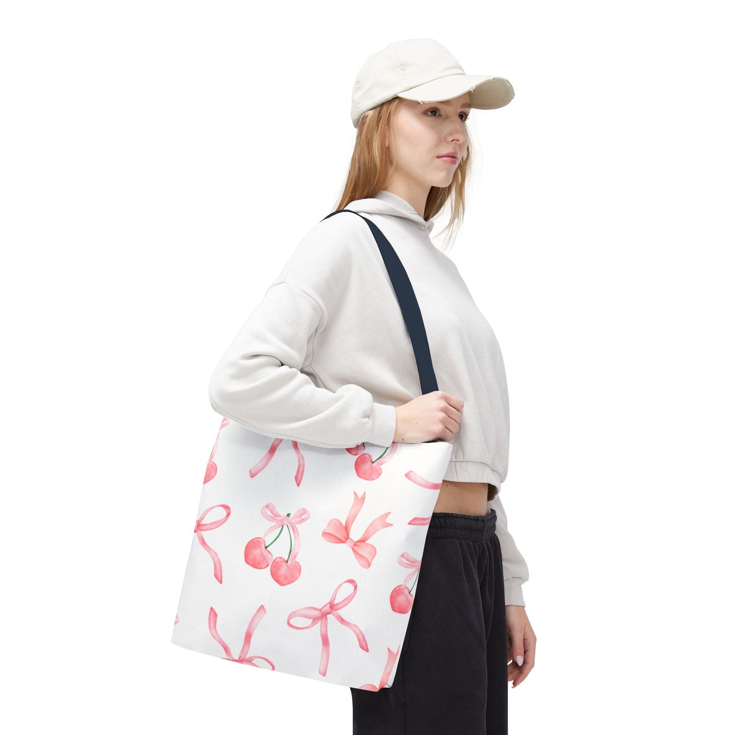 Pink Cherry Bow Tote Bag — Cute Watercolor Cherry Pattern