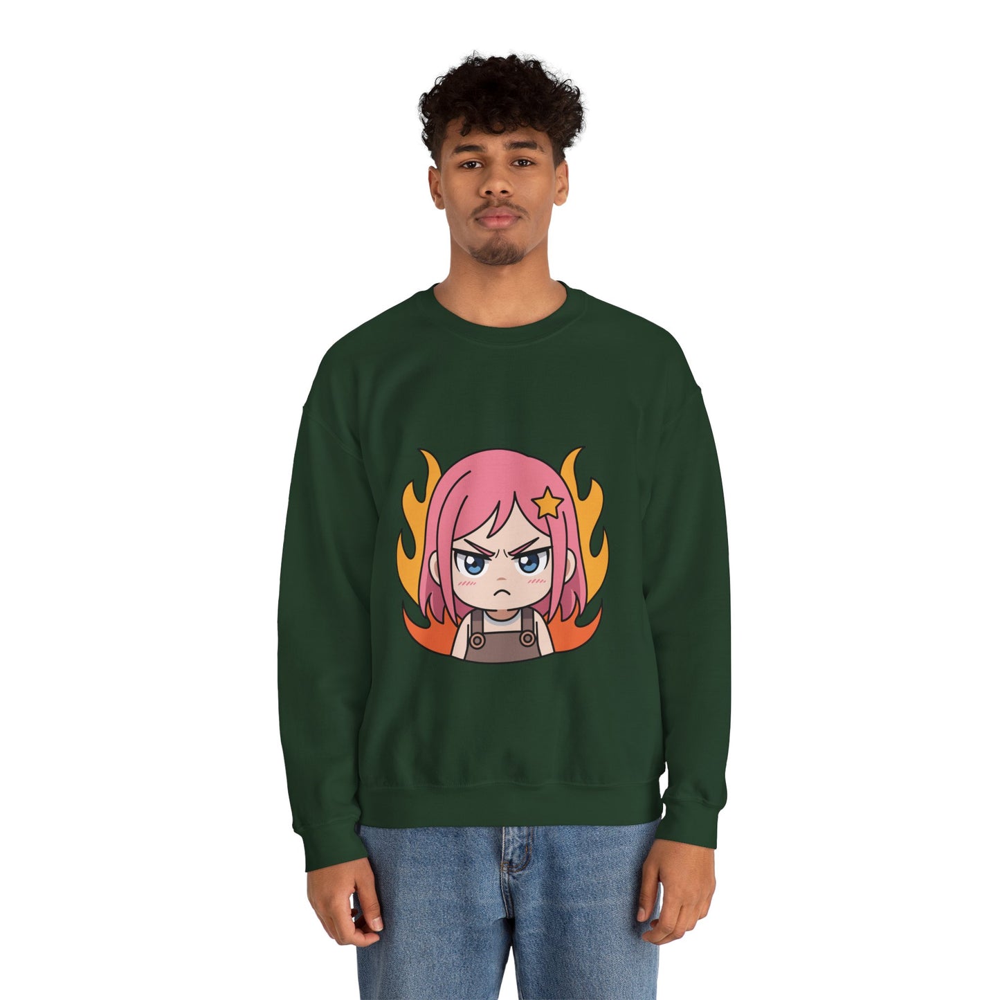 Sudadera de chica chibi enojada: adorable sudadera de cuello redondo con dibujos animados de anime y cabello flameante.