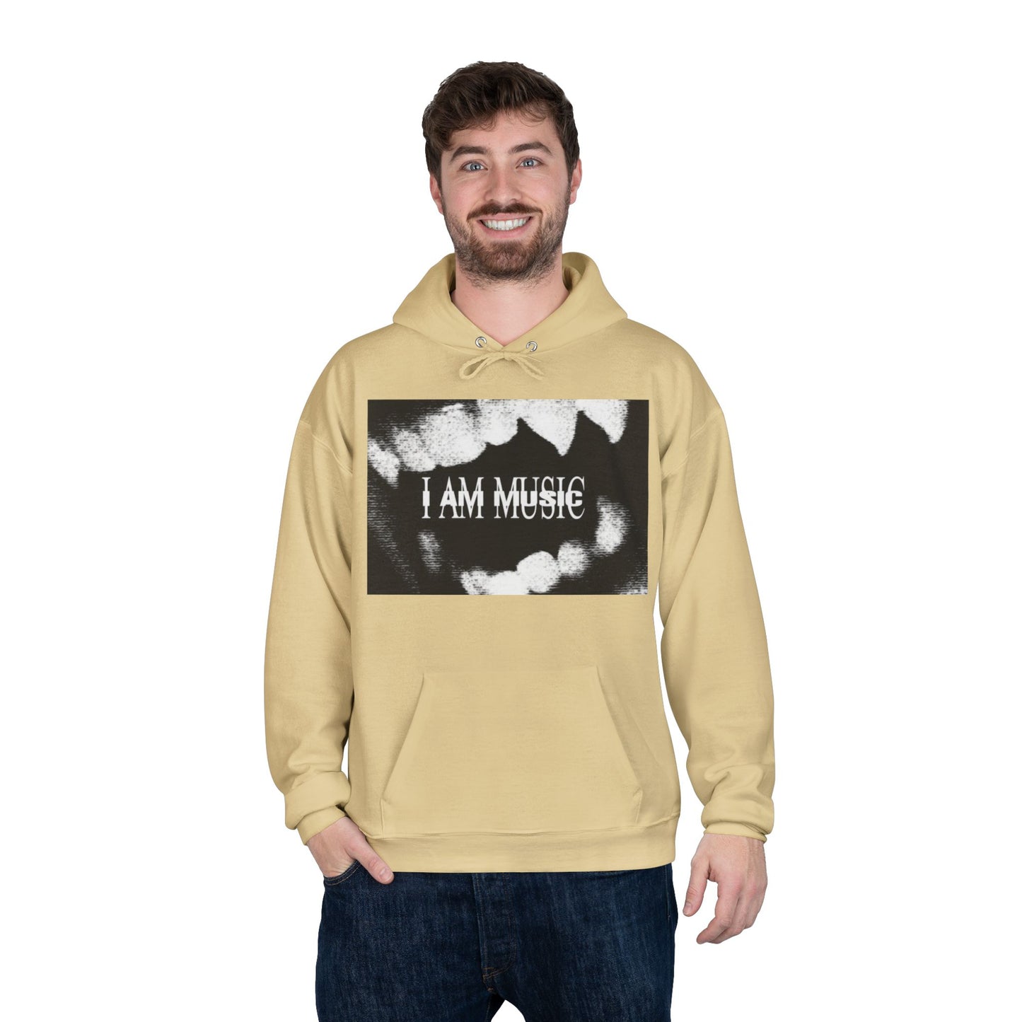 Music Teeth Graphic Hoodie — “I AM MUSIC” Black & White Pullover