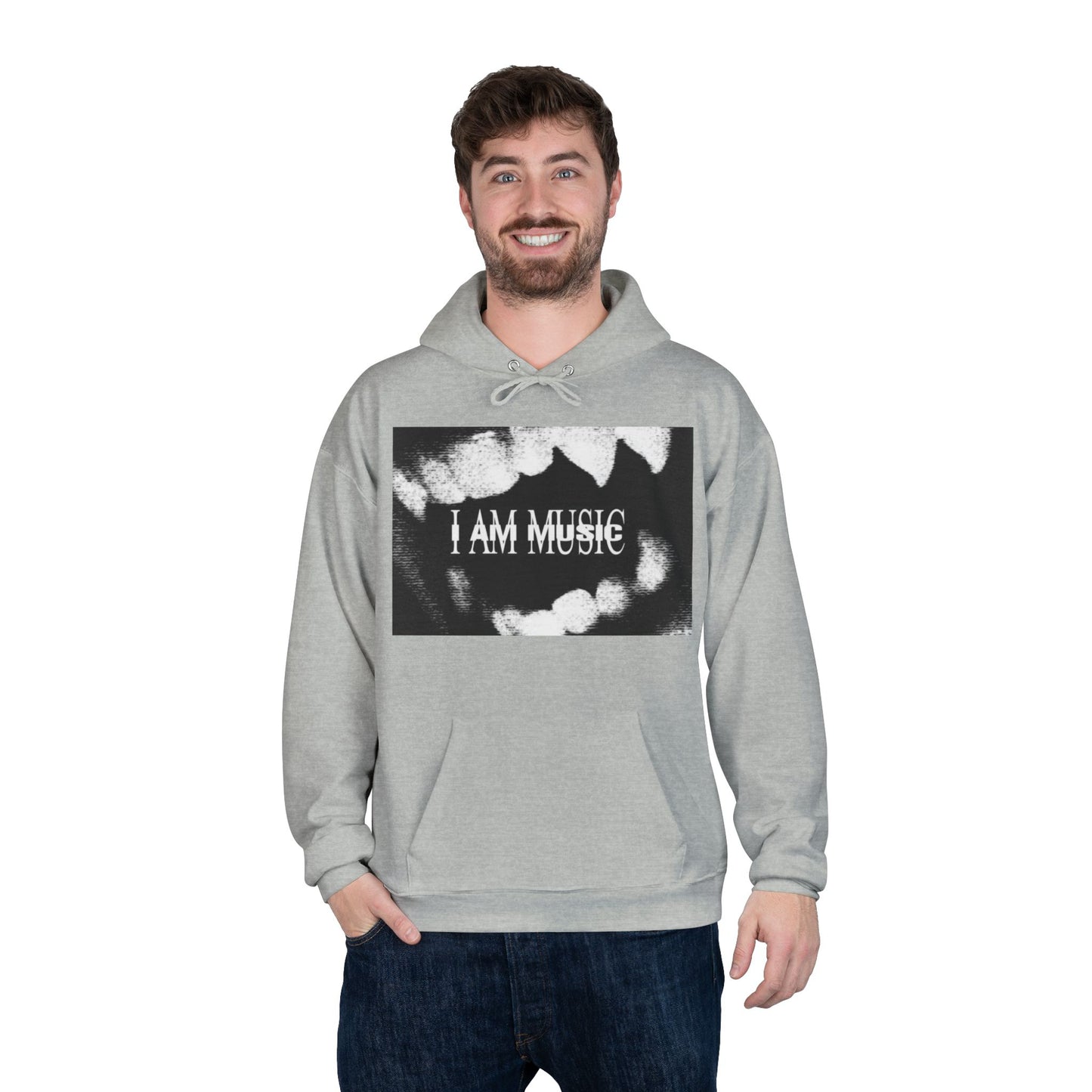 Music Teeth Graphic Hoodie — “I AM MUSIC” Black & White Pullover