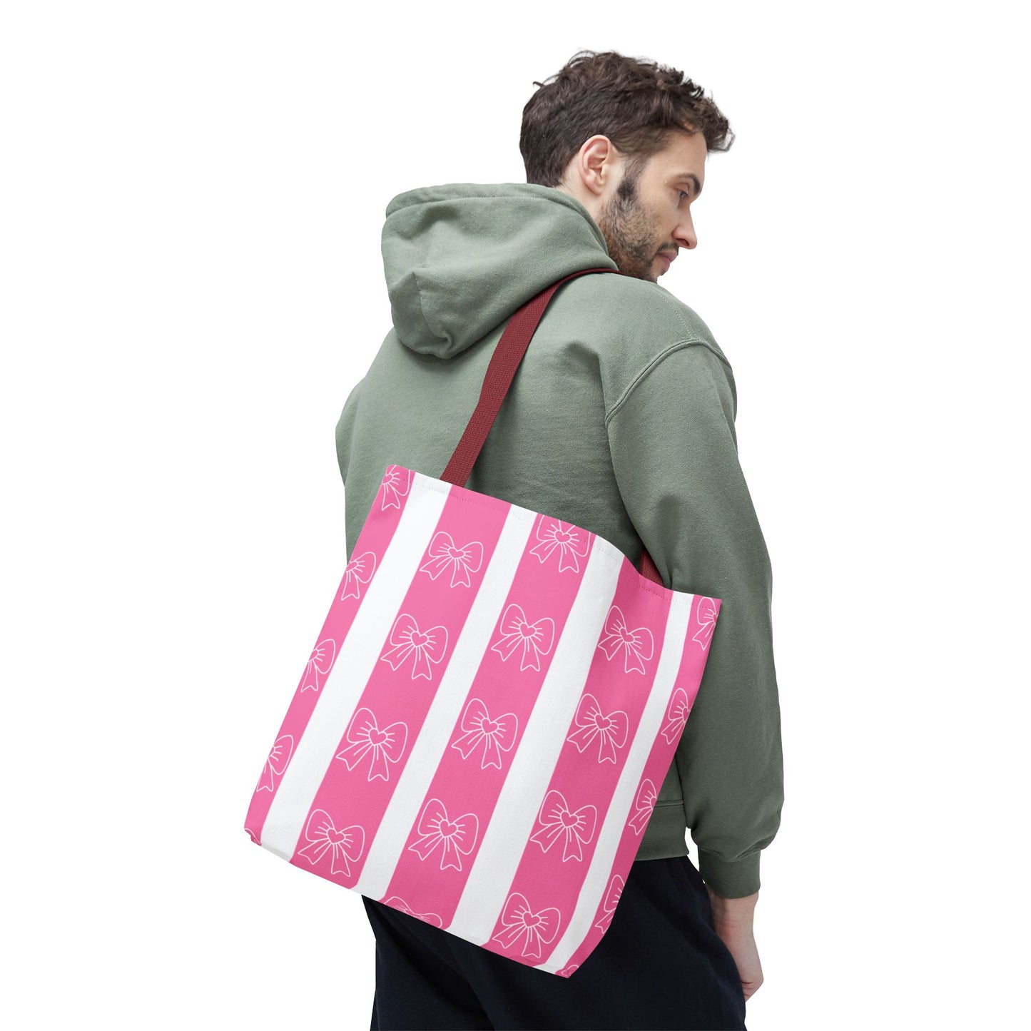 Pink Striped Bow Tote Bag — Cute Floral Bow Pattern All-Over Print Tote
