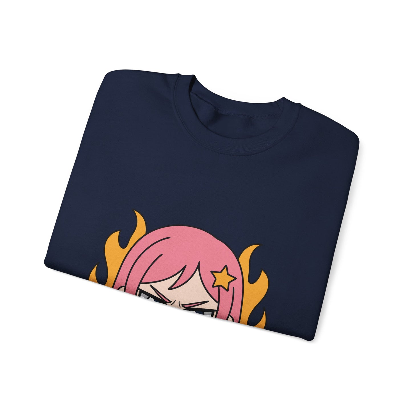 Sudadera de chica chibi enojada: adorable sudadera de cuello redondo con dibujos animados de anime y cabello flameante.