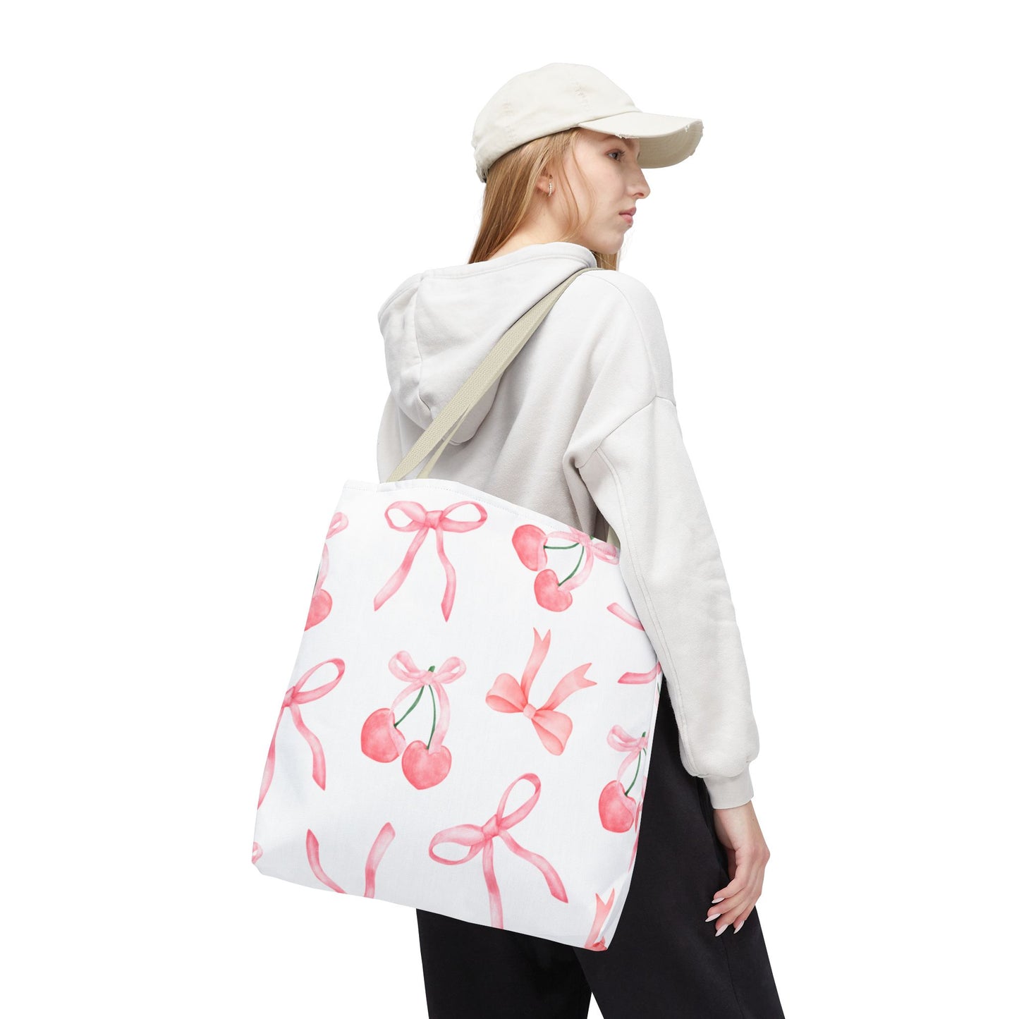 Pink Cherry Bow Tote Bag — Cute Watercolor Cherry Pattern