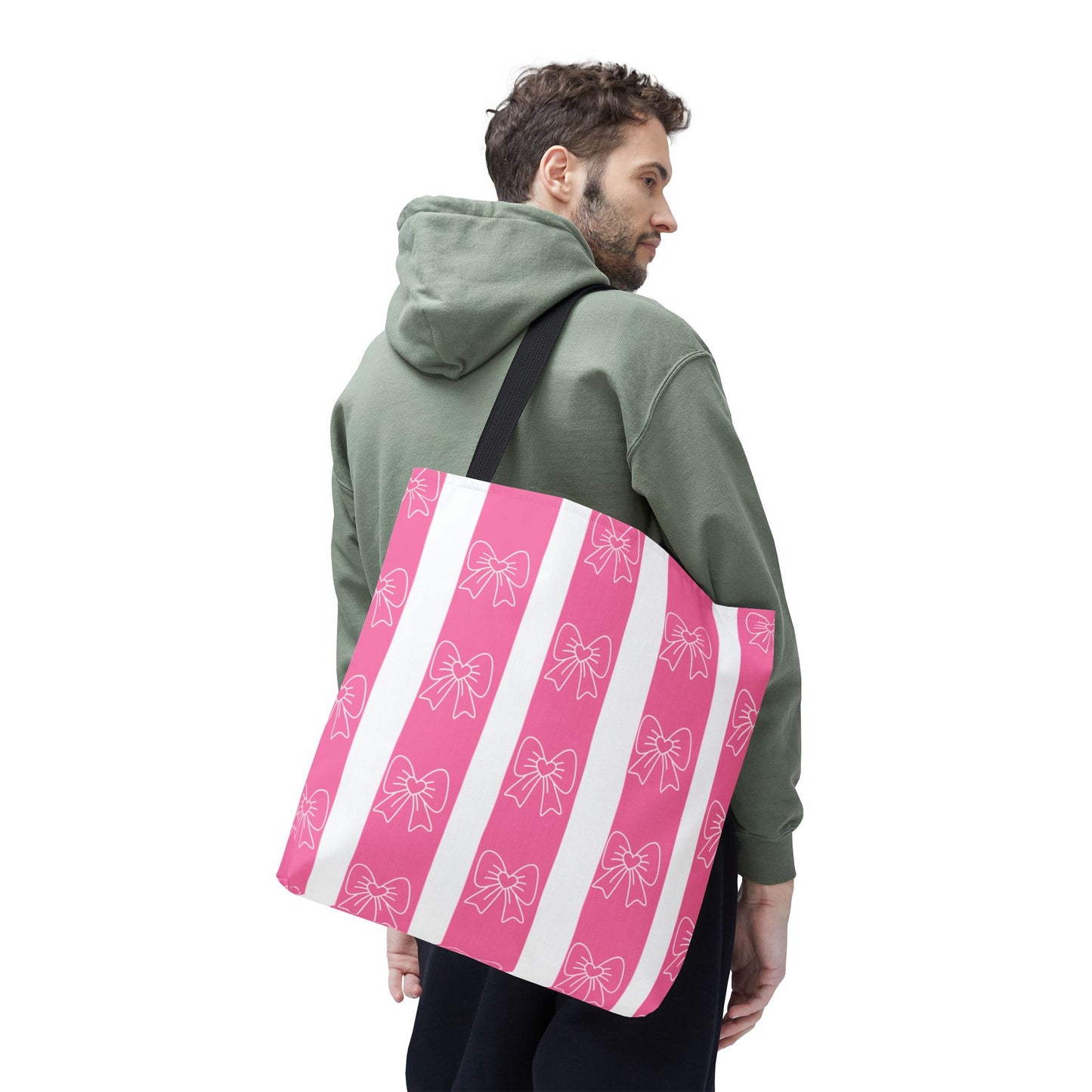 Pink Striped Bow Tote Bag — Cute Floral Bow Pattern All-Over Print Tote