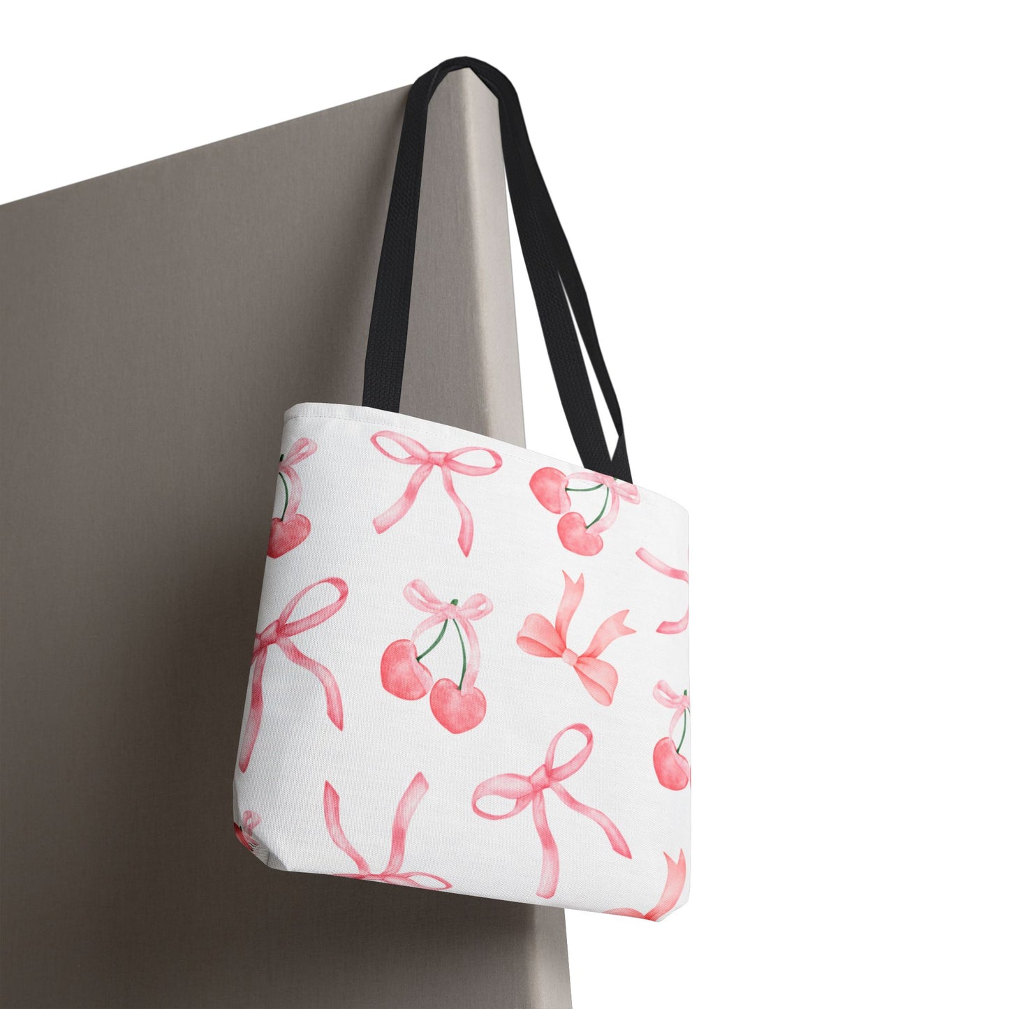 Pink Cherry Bow Tote Bag — Cute Watercolor Cherry Pattern