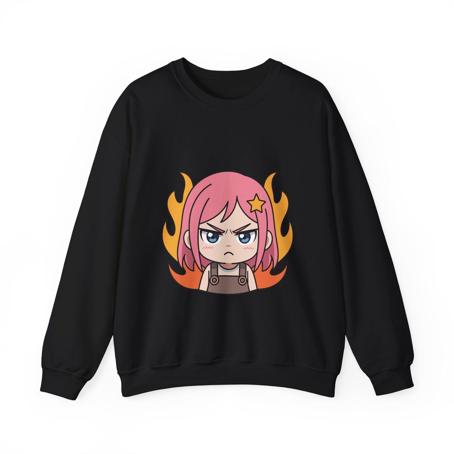 Sudadera de chica chibi enojada: adorable sudadera de cuello redondo con dibujos animados de anime y cabello flameante.