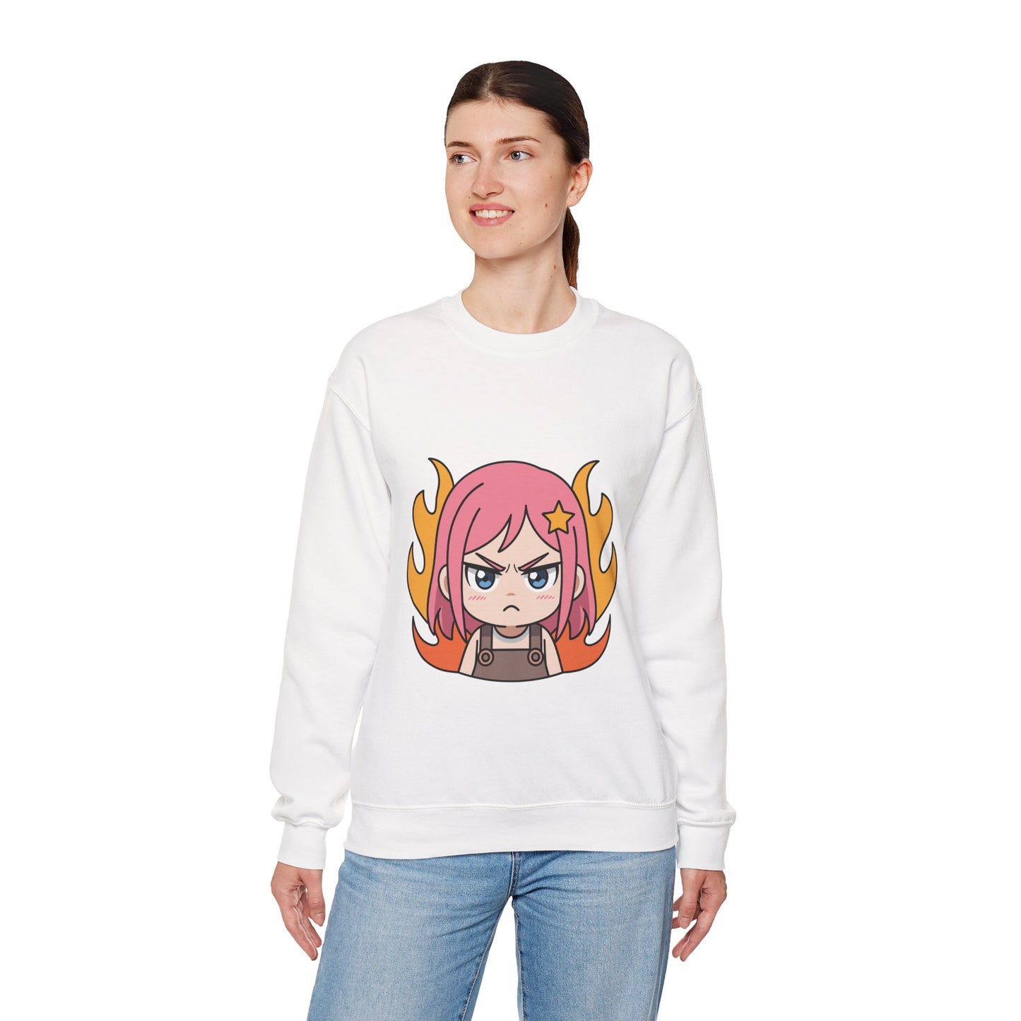 Sudadera de chica chibi enojada: adorable sudadera de cuello redondo con dibujos animados de anime y cabello flameante.
