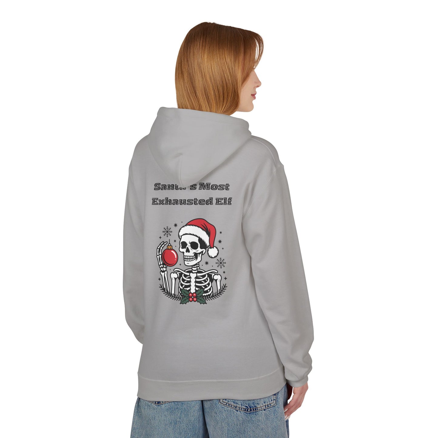 Weihnachtsmann-Hoodie mit erschöpftem Elfenmotiv – Lustiges Skelett-Weihnachts-Sweatshirt