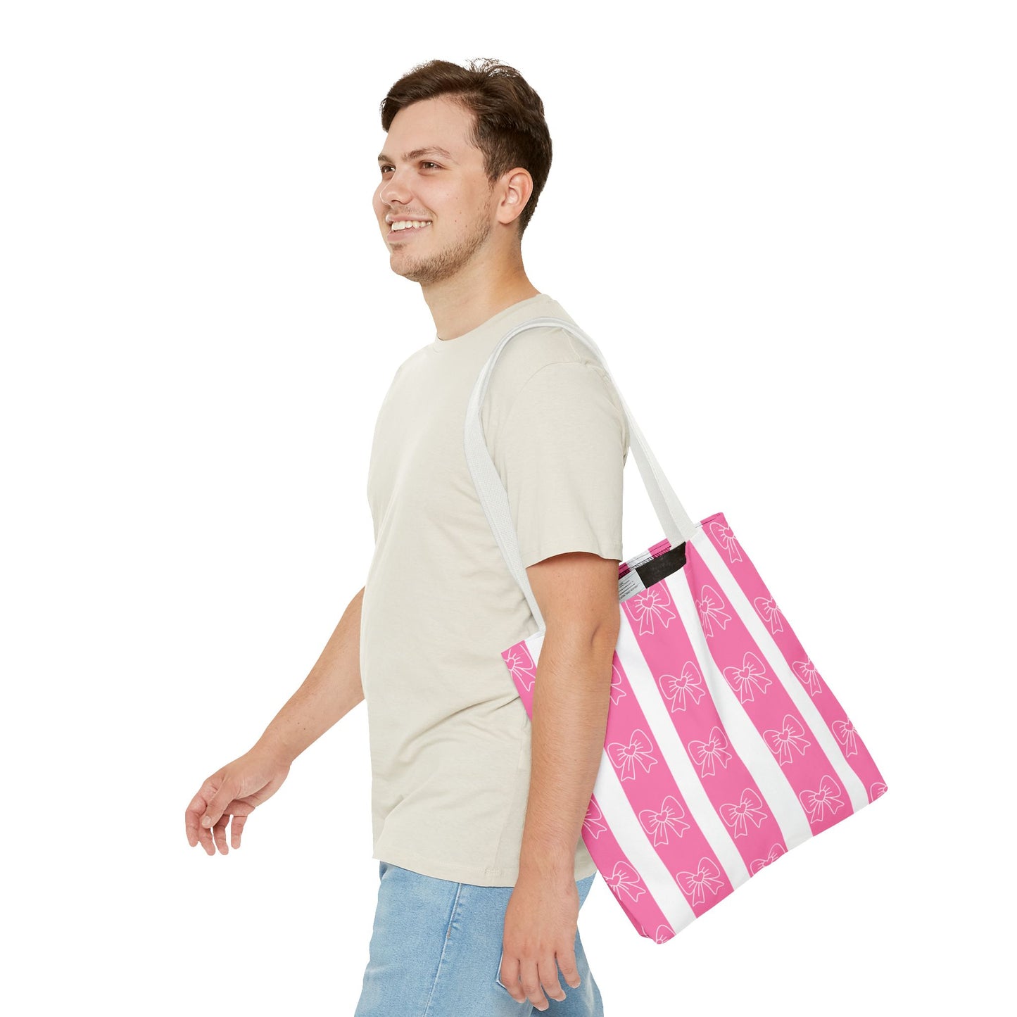 Pink Striped Bow Tote Bag — Cute Floral Bow Pattern All-Over Print Tote