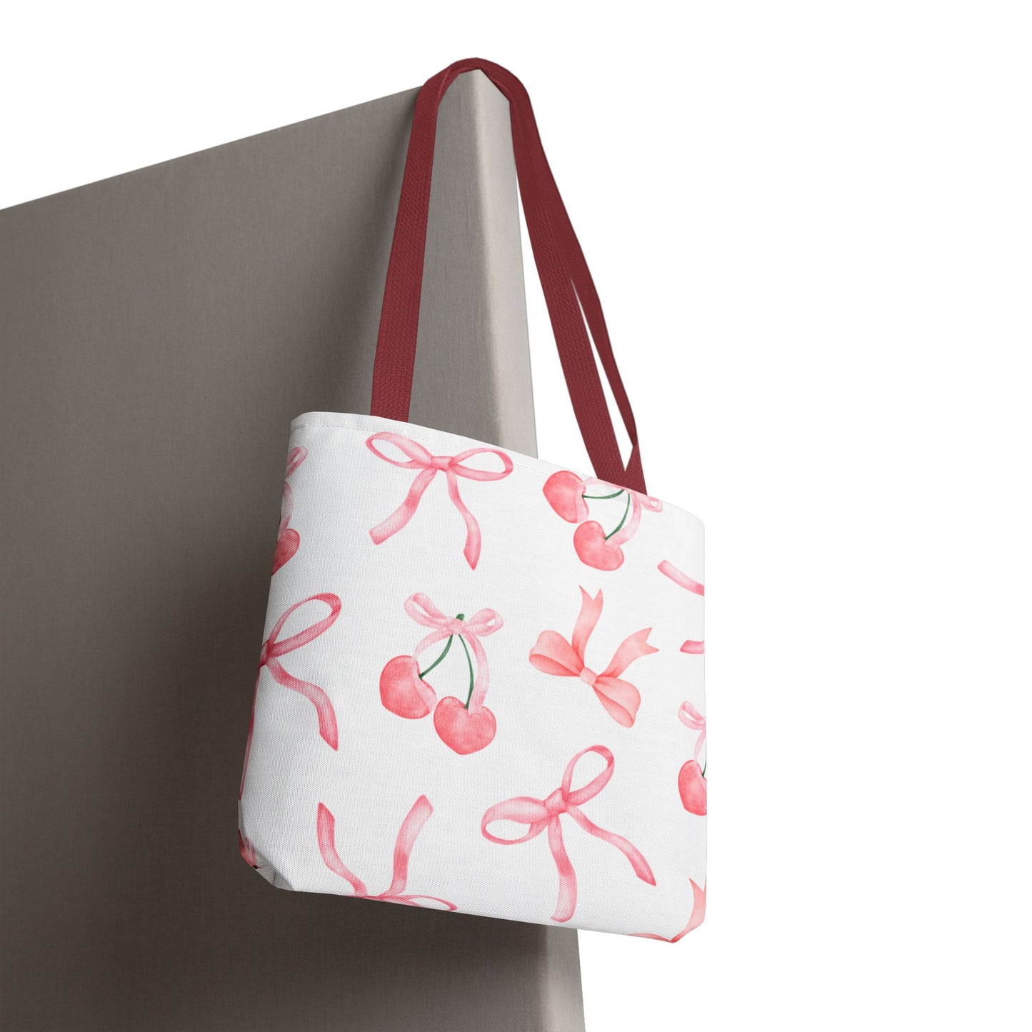 Pink Cherry Bow Tote Bag — Cute Watercolor Cherry Pattern