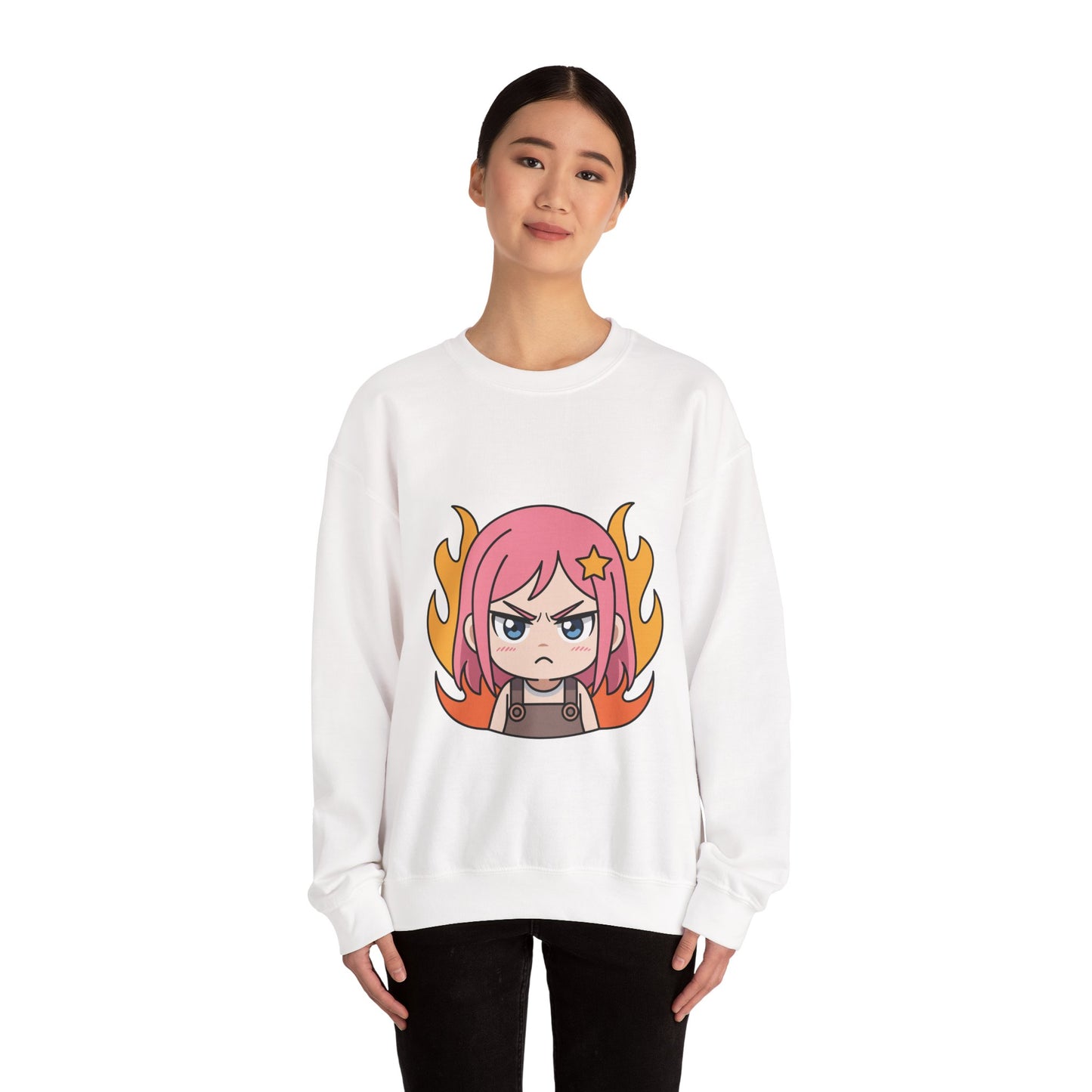 Sudadera de chica chibi enojada: adorable sudadera de cuello redondo con dibujos animados de anime y cabello flameante.