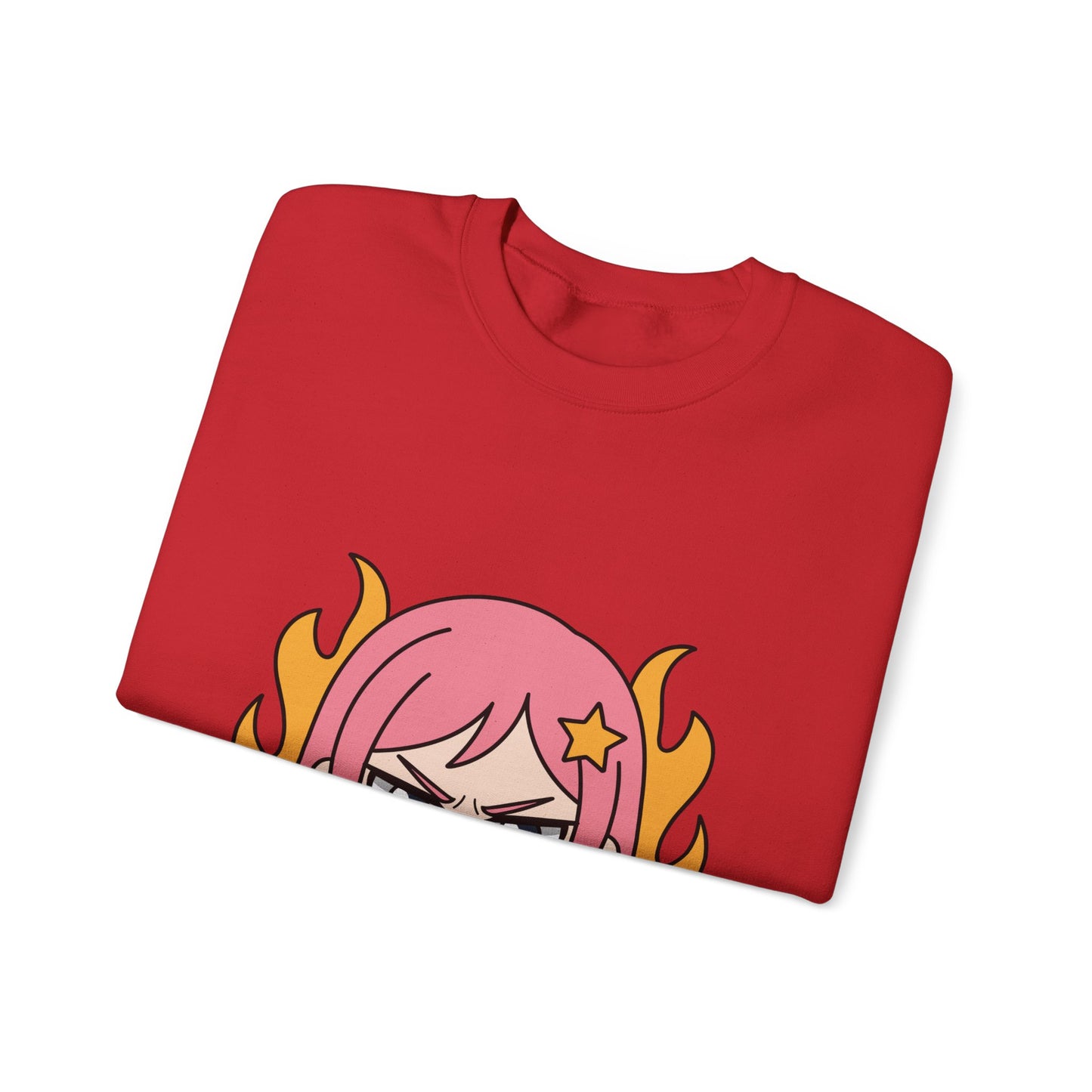 Sudadera de chica chibi enojada: adorable sudadera de cuello redondo con dibujos animados de anime y cabello flameante.