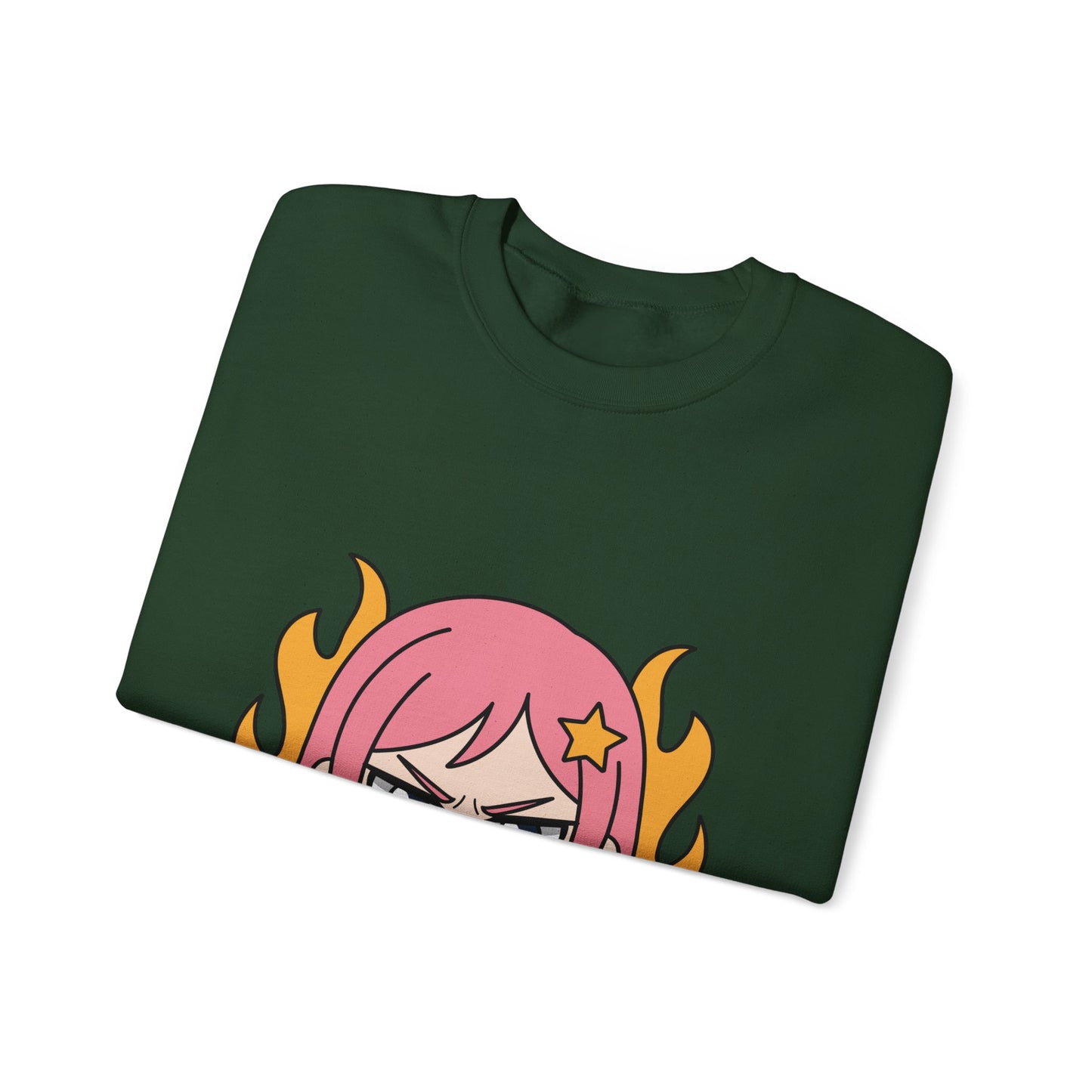 Sudadera de chica chibi enojada: adorable sudadera de cuello redondo con dibujos animados de anime y cabello flameante.