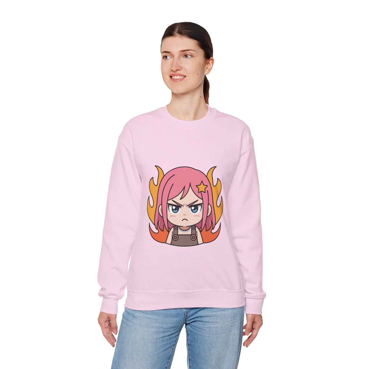 Sudadera de chica chibi enojada: adorable sudadera de cuello redondo con dibujos animados de anime y cabello flameante.