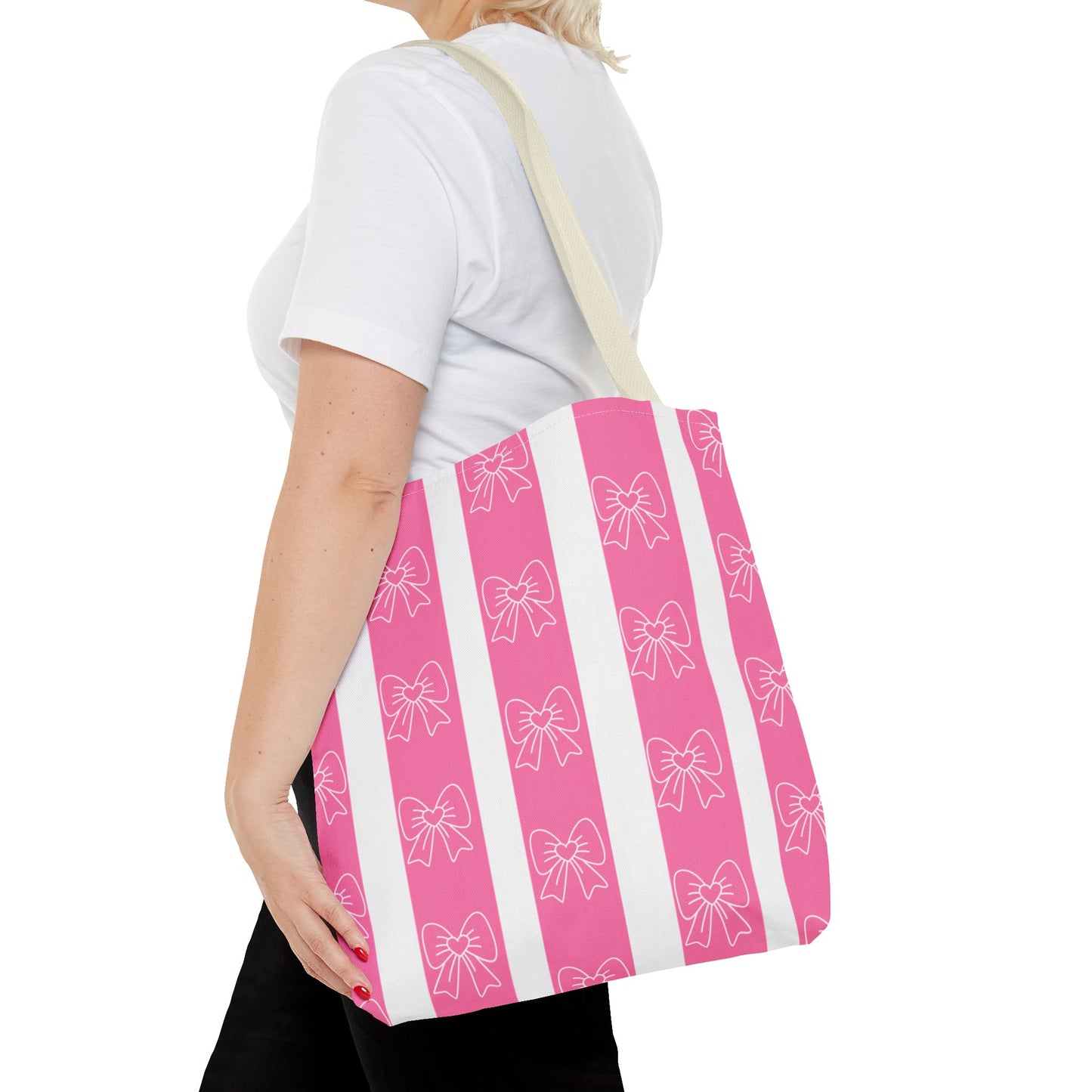Pink Striped Bow Tote Bag — Cute Floral Bow Pattern All-Over Print Tote