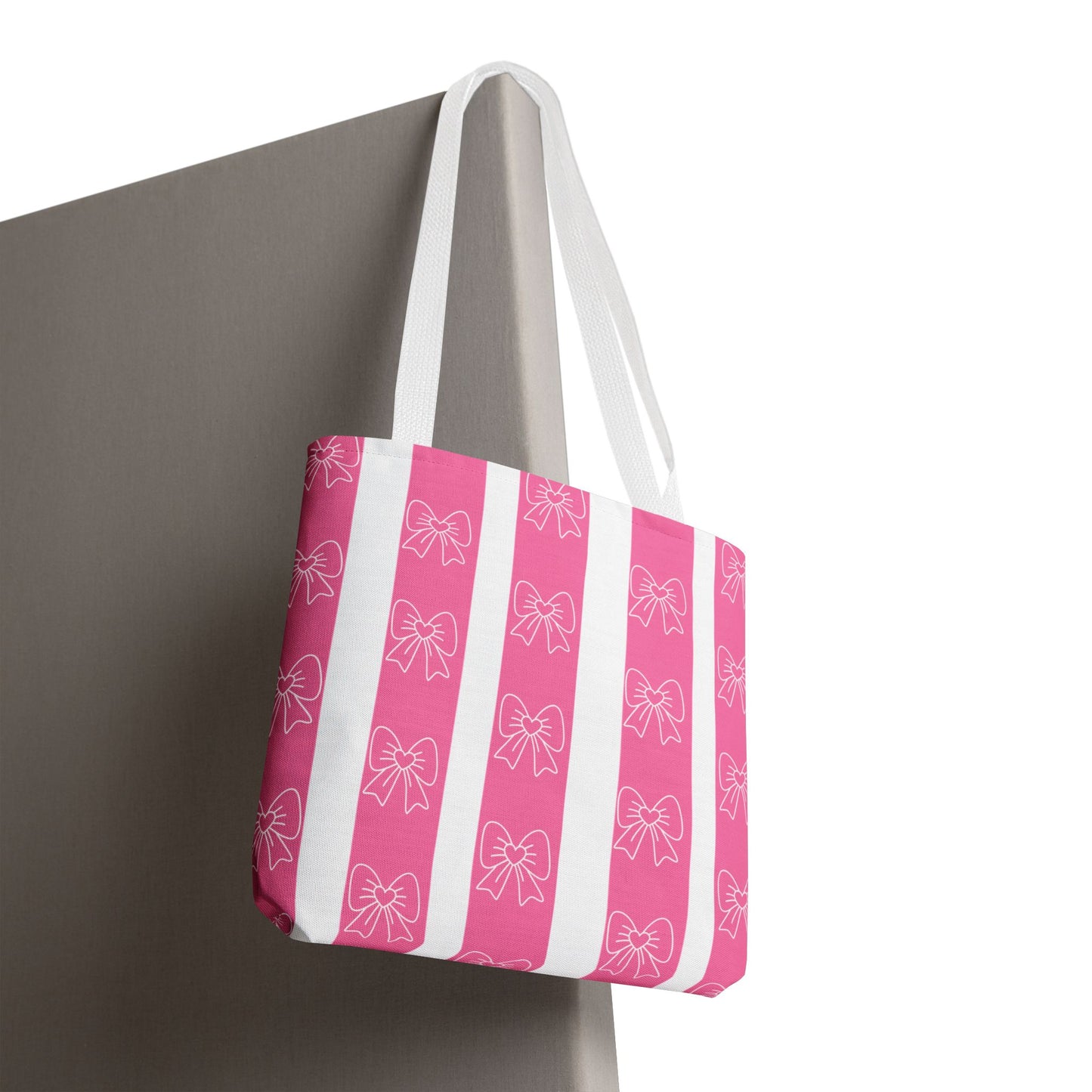 Pink Striped Bow Tote Bag — Cute Floral Bow Pattern All-Over Print Tote