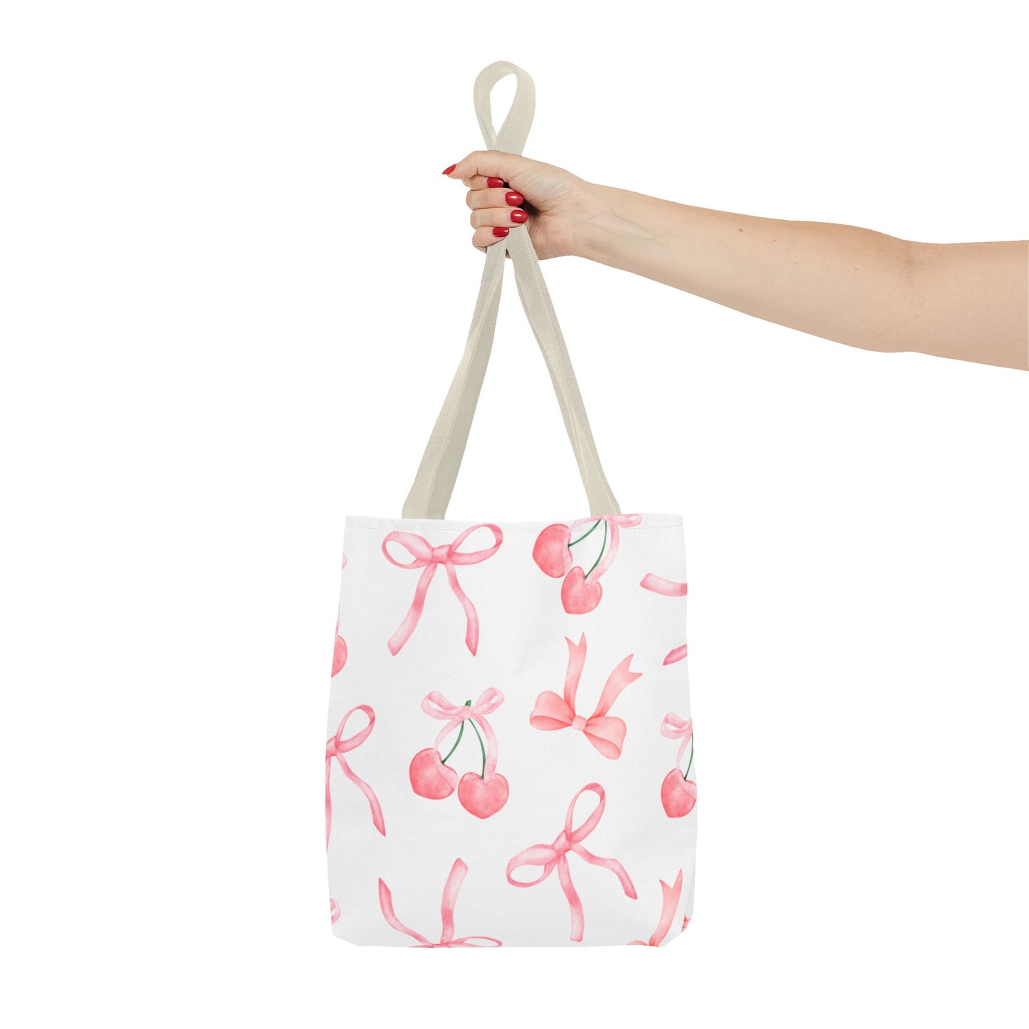 Pink Cherry Bow Tote Bag — Cute Watercolor Cherry Pattern