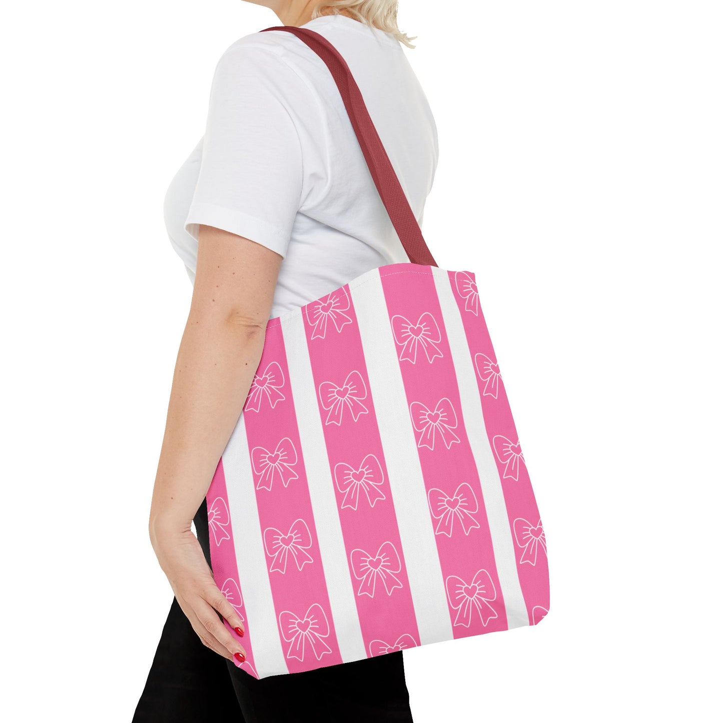 Pink Striped Bow Tote Bag — Cute Floral Bow Pattern All-Over Print Tote