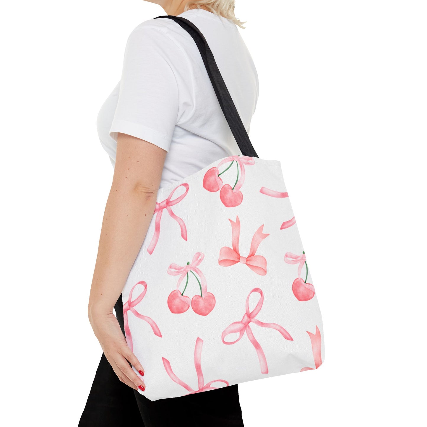 Pink Cherry Bow Tote Bag — Cute Watercolor Cherry Pattern
