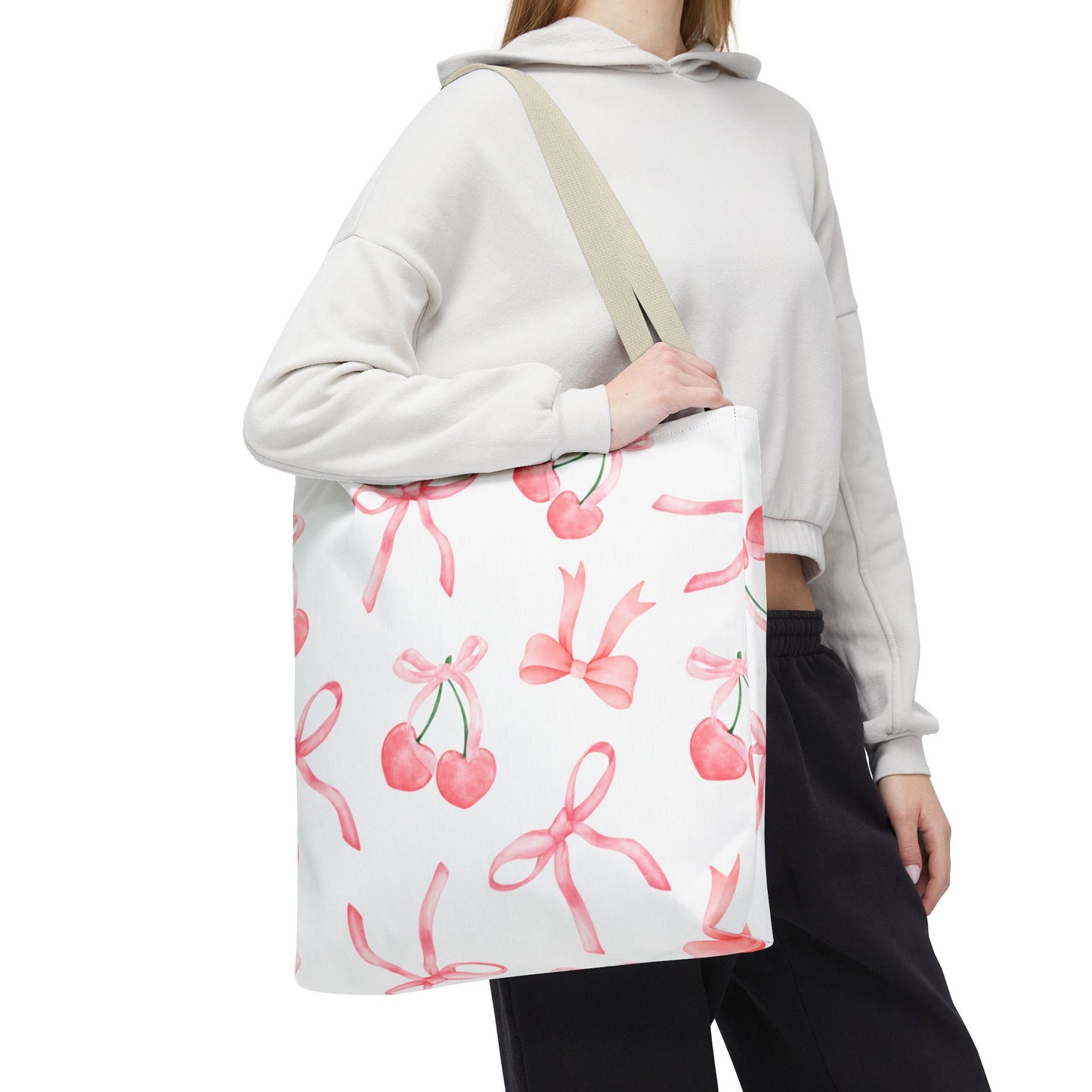 Pink Cherry Bow Tote Bag — Cute Watercolor Cherry Pattern