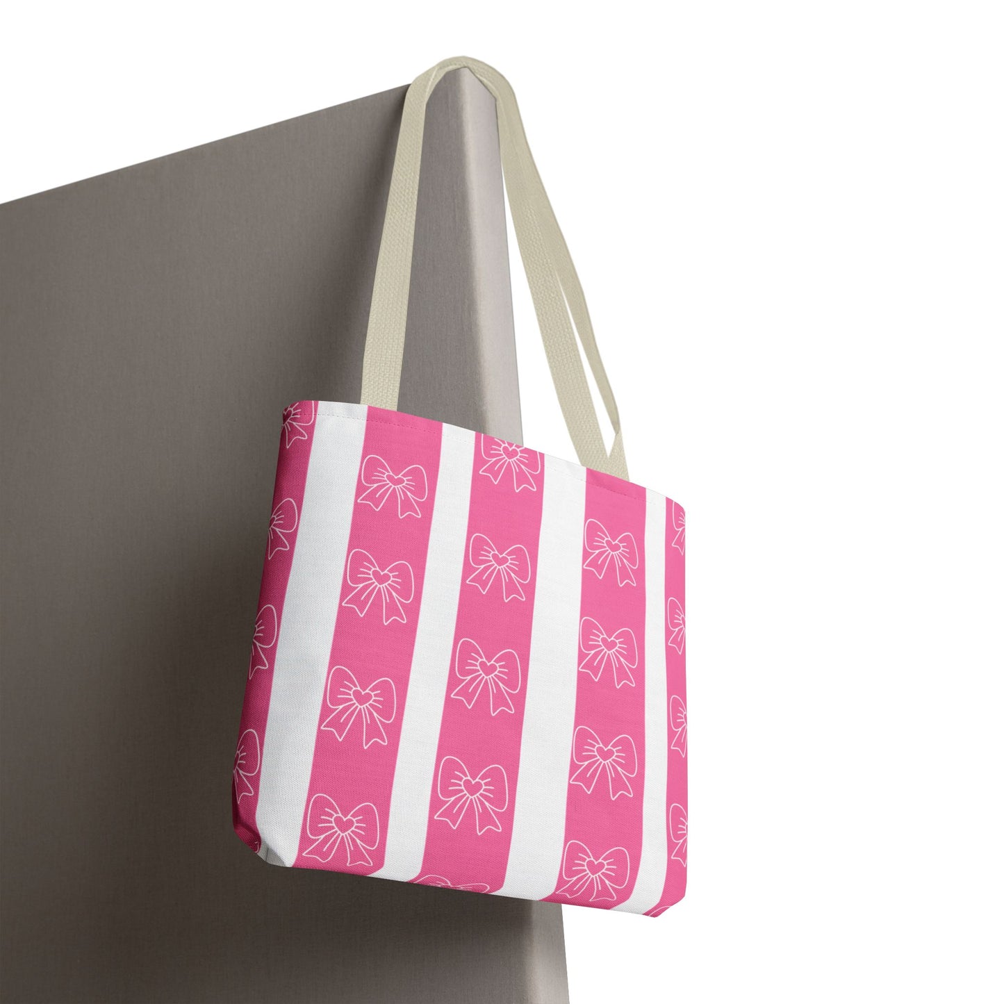 Pink Striped Bow Tote Bag — Cute Floral Bow Pattern All-Over Print Tote