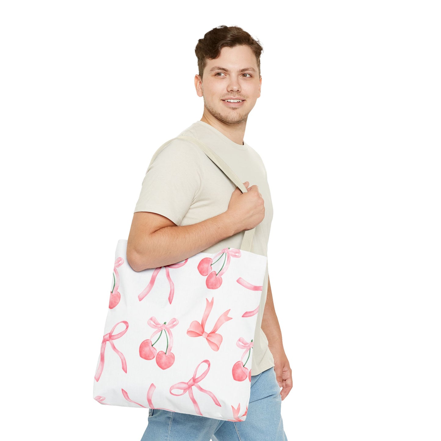 Pink Cherry Bow Tote Bag — Cute Watercolor Cherry Pattern