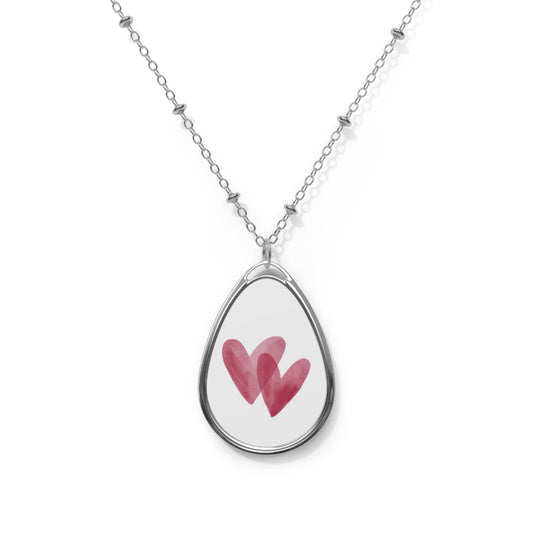 Heart Watercolor Oval Necklace — Silver Tear-Drop Pendant with Pink Hearts, Romantic Valentine Gift