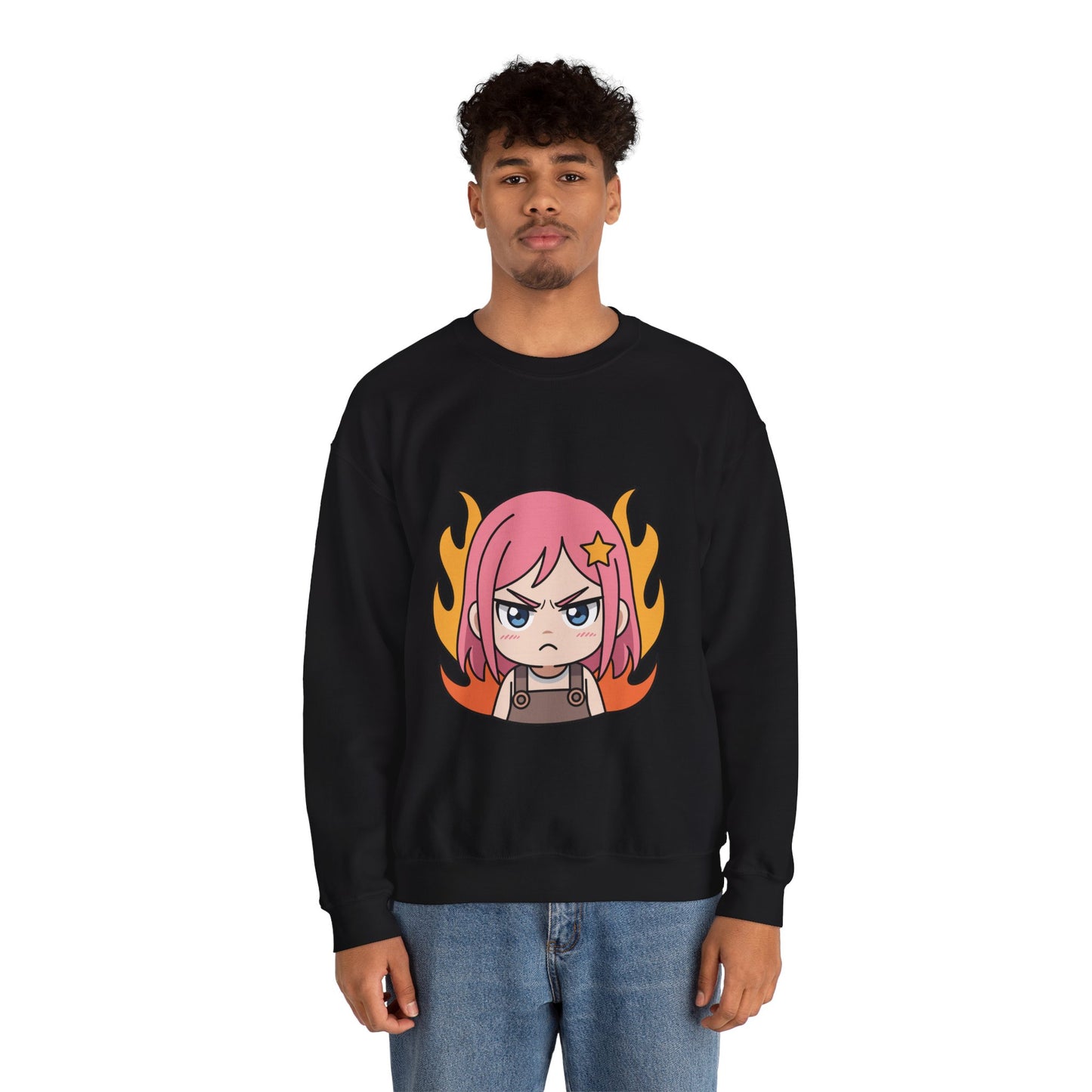 Sudadera de chica chibi enojada: adorable sudadera de cuello redondo con dibujos animados de anime y cabello flameante.