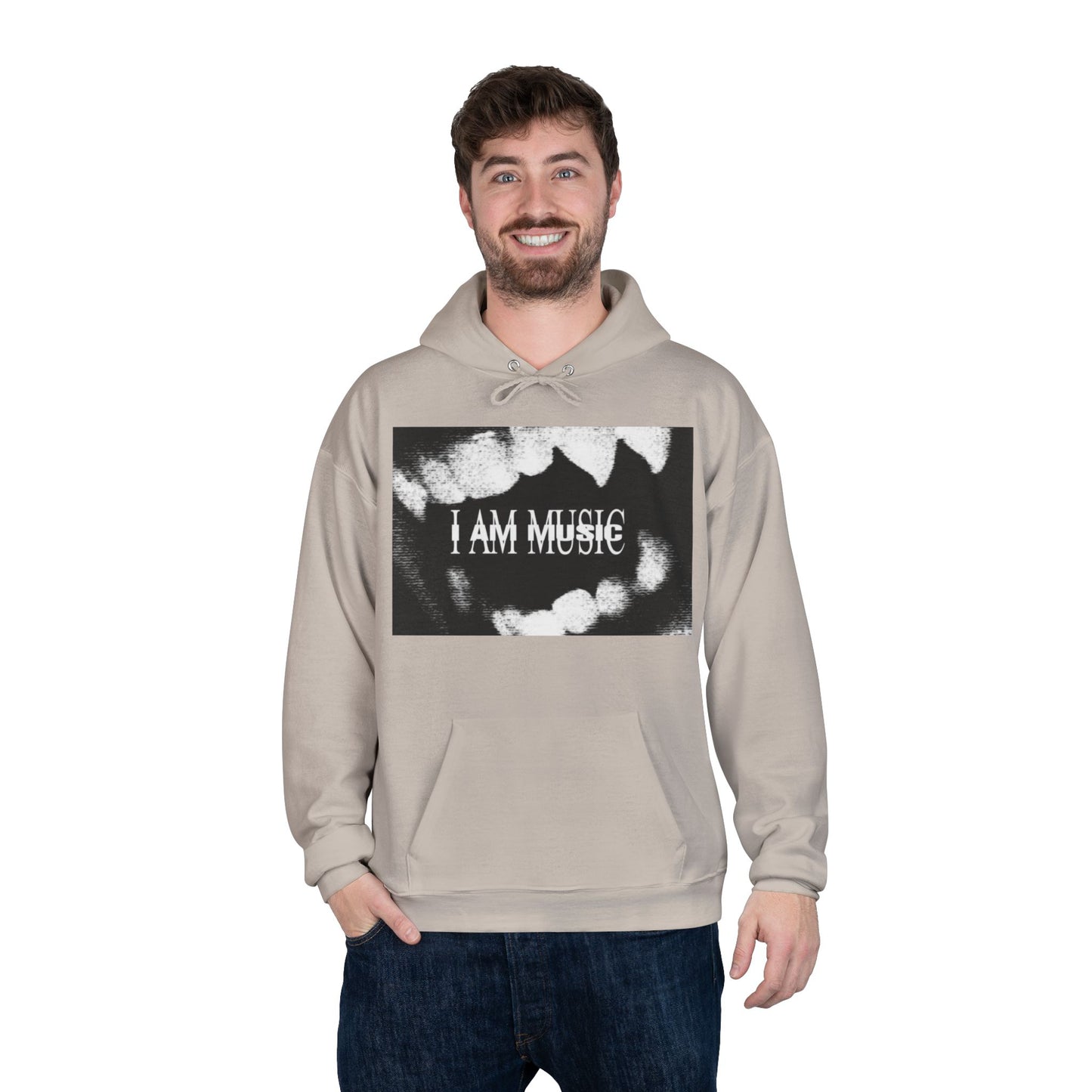 Music Teeth Graphic Hoodie — “I AM MUSIC” Black & White Pullover