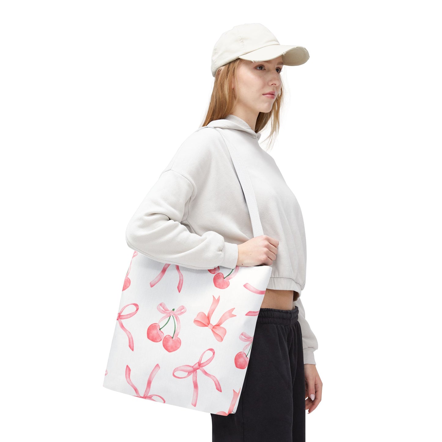 Pink Cherry Bow Tote Bag — Cute Watercolor Cherry Pattern