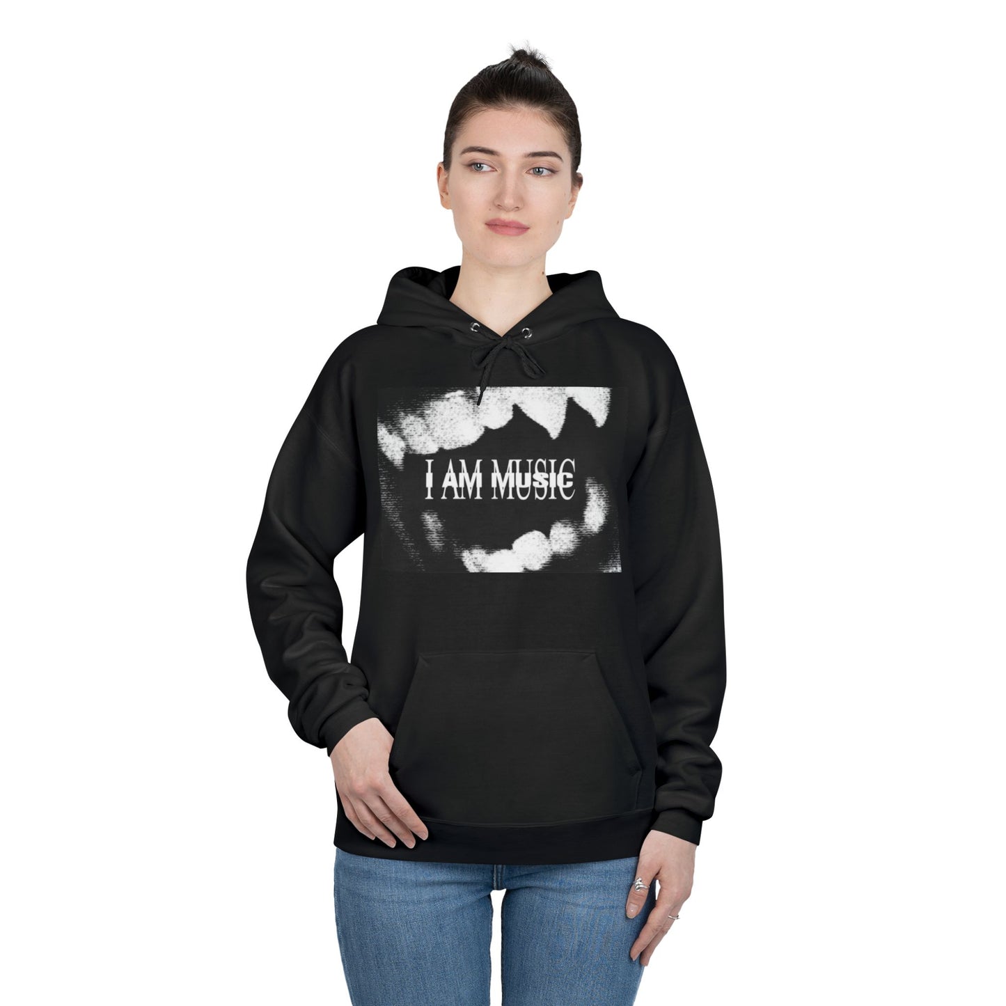 Music Teeth Graphic Hoodie — “I AM MUSIC” Black & White Pullover