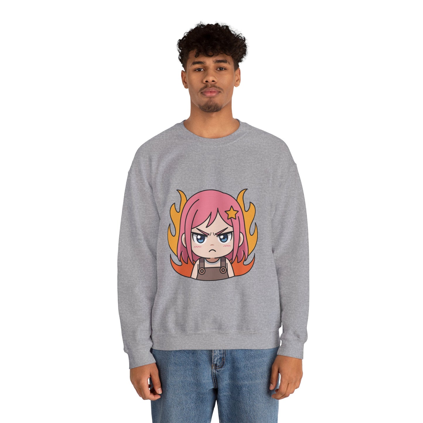 Sudadera de chica chibi enojada: adorable sudadera de cuello redondo con dibujos animados de anime y cabello flameante.