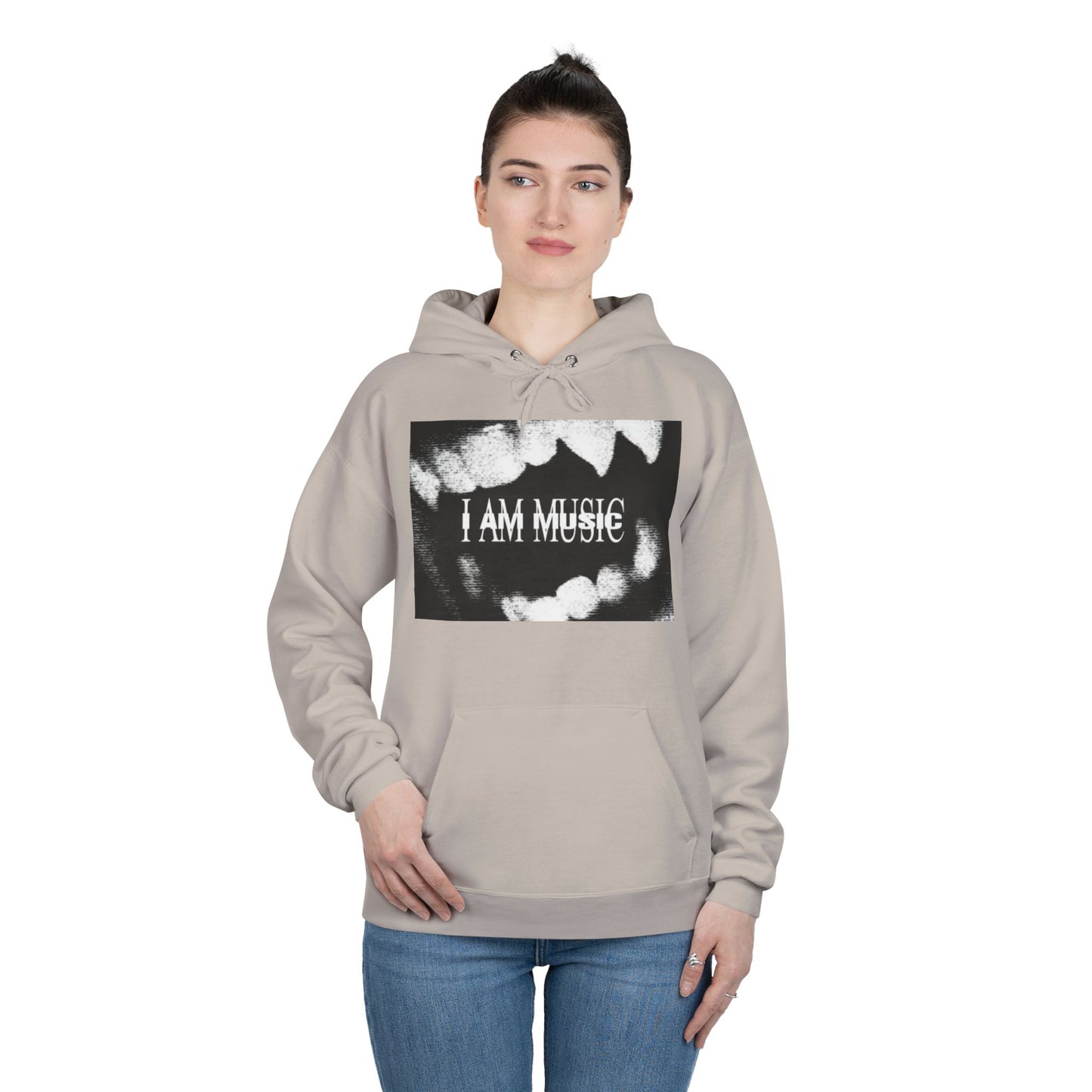 Music Teeth Graphic Hoodie — “I AM MUSIC” Black & White Pullover