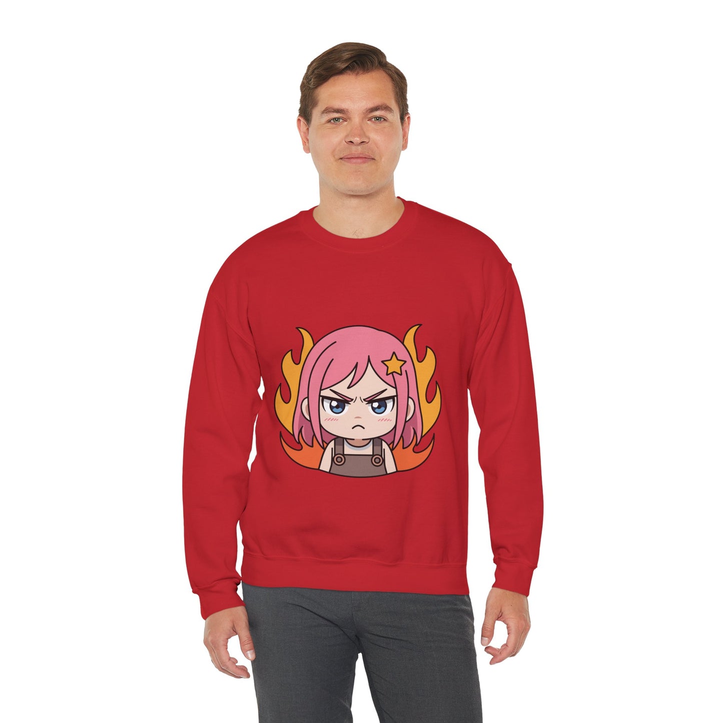 Sudadera de chica chibi enojada: adorable sudadera de cuello redondo con dibujos animados de anime y cabello flameante.
