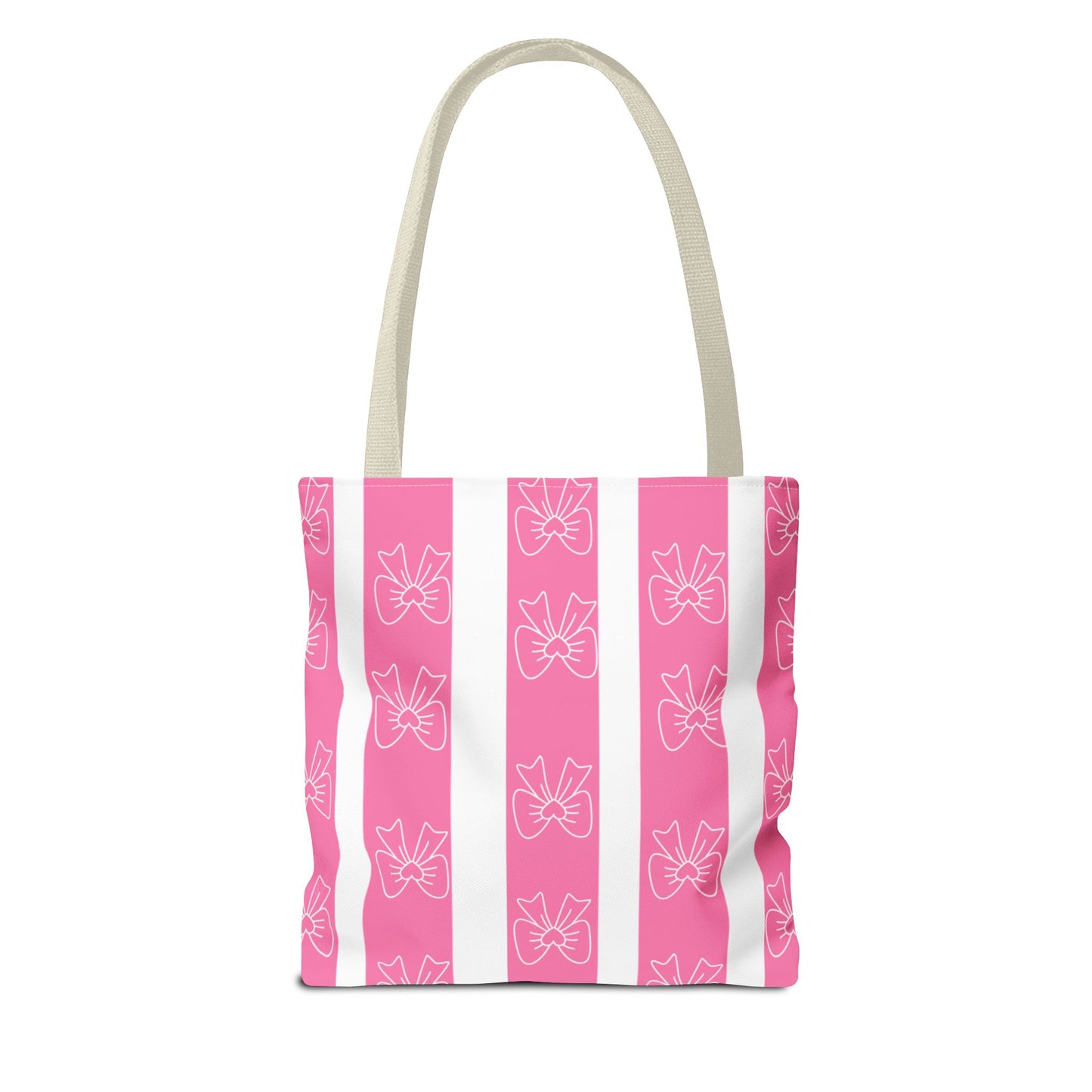 Pink Striped Bow Tote Bag — Cute Floral Bow Pattern All-Over Print Tote