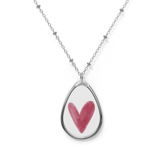 Oval Heart Pendant Necklace — Watercolor Pink Heart Teardrop Locket