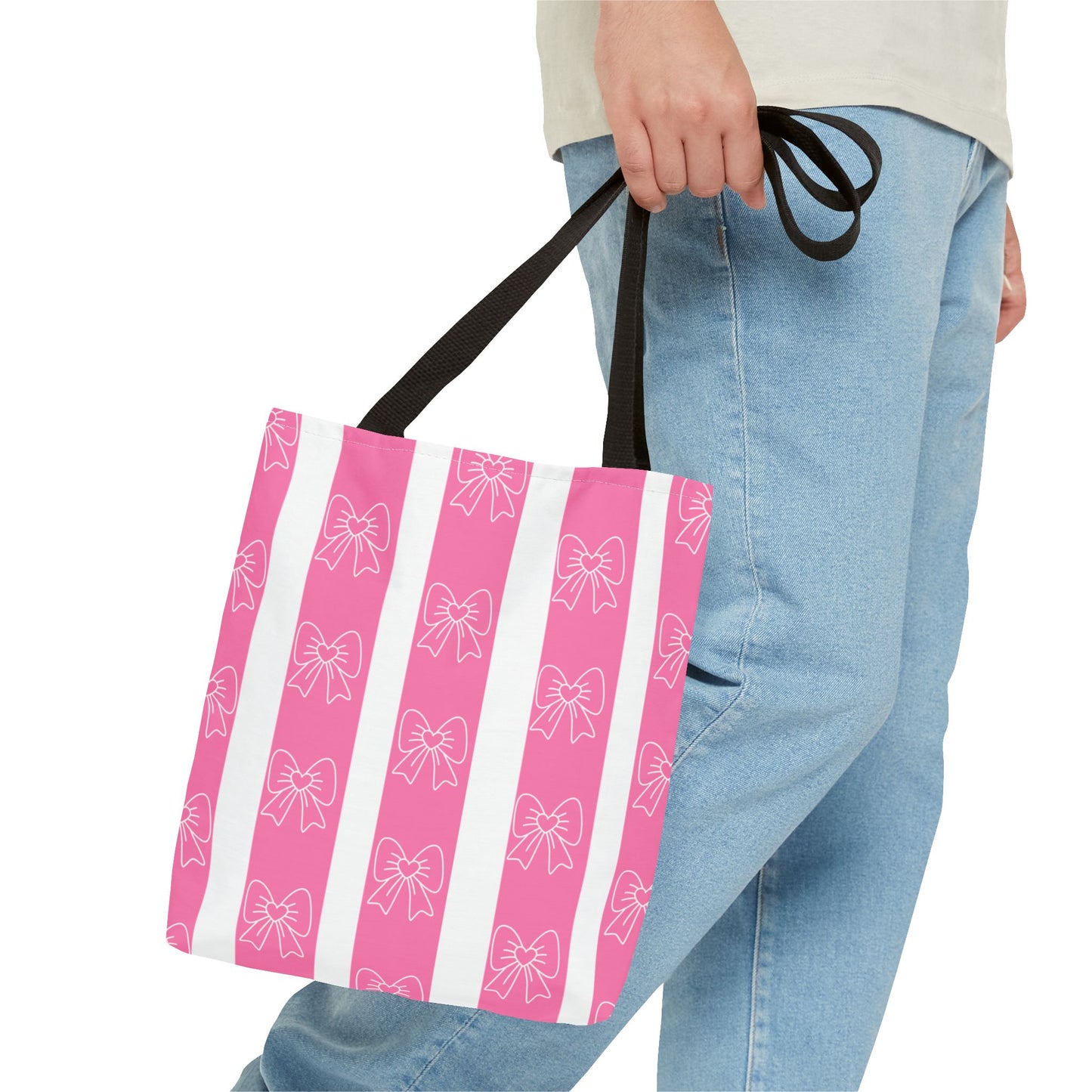 Pink Striped Bow Tote Bag — Cute Floral Bow Pattern All-Over Print Tote