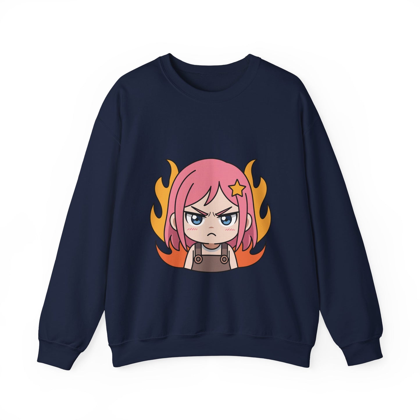 Sudadera de chica chibi enojada: adorable sudadera de cuello redondo con dibujos animados de anime y cabello flameante.